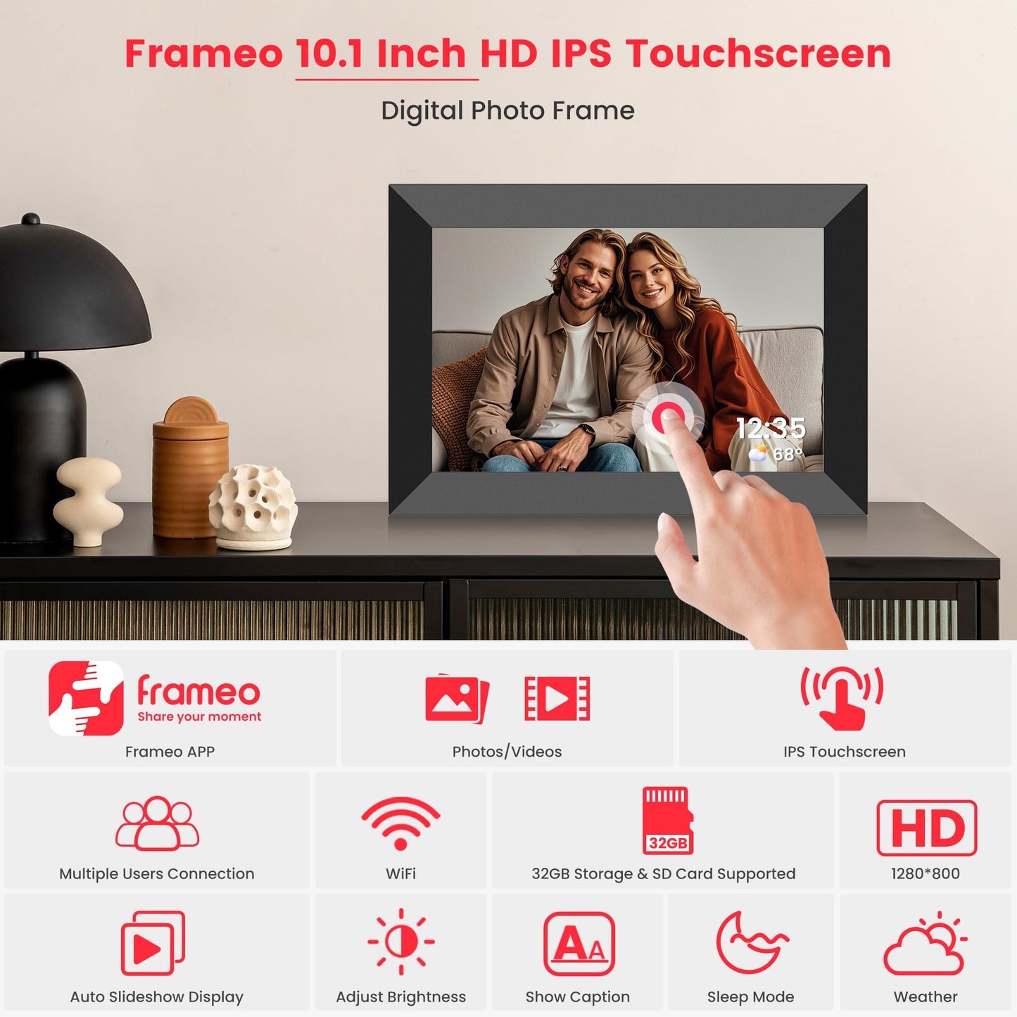 Frameo 10.1 Inch WiFi Digital Picture Frame, Smart Cloud Electronic Photo Frame with HD IPS Touch Screen Slideshow 32GB Memory Auto-Rotate Wall Mount, Share Photos/Videos from Phone by Frameo App