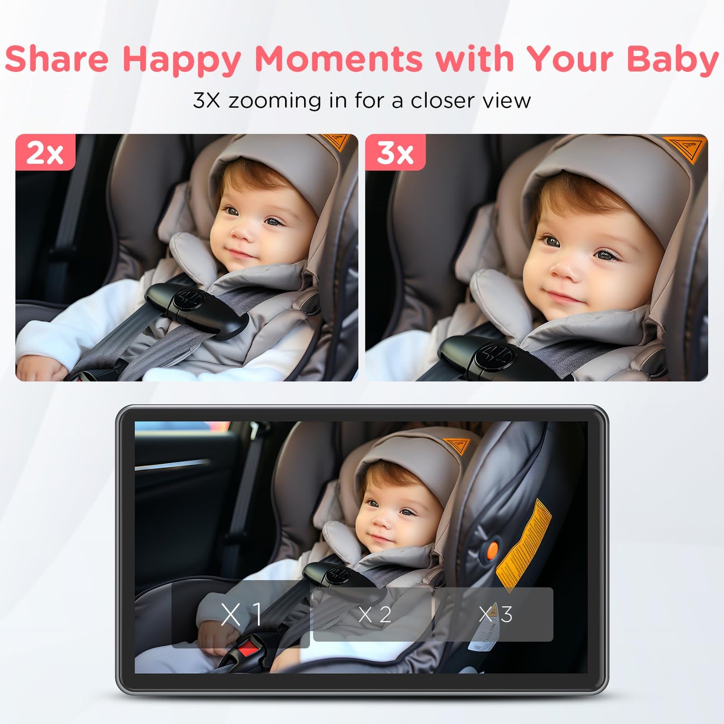 Baby Car Camera, 7'' 2K Mirror Monitor with Night Vision, Video Recording, and 3X Zoom for Clear Wide View of Rear-Facing Seat