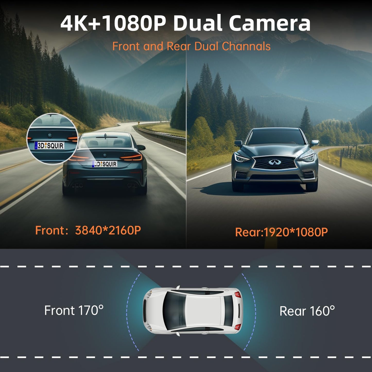 Dash Cam Front and Rear, Ecomoment 4K+1080P Dual Dash Camera for Cars, Built-in WiFi GPS Dashboard Camera, 2.4" IPS Screen Dashcam, 170° Wide, Night Vision, WDR, G-Sensor, 32GB SD Card Included