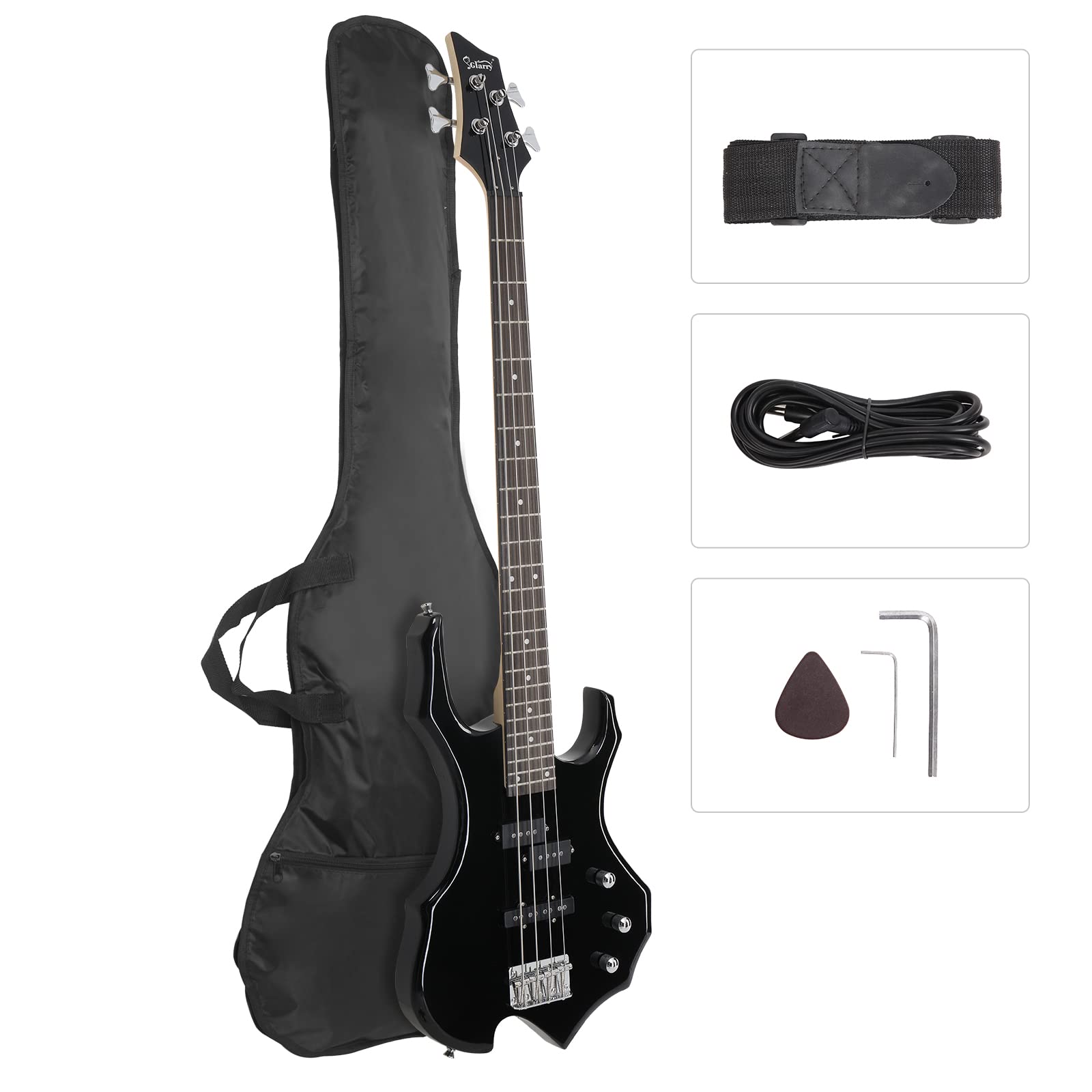 GLARRY Electric Bass Guitar 4 Strings Buring Fire Style Full Size for Beginner Right Hand with Bag, Strap and Accessories (Black)