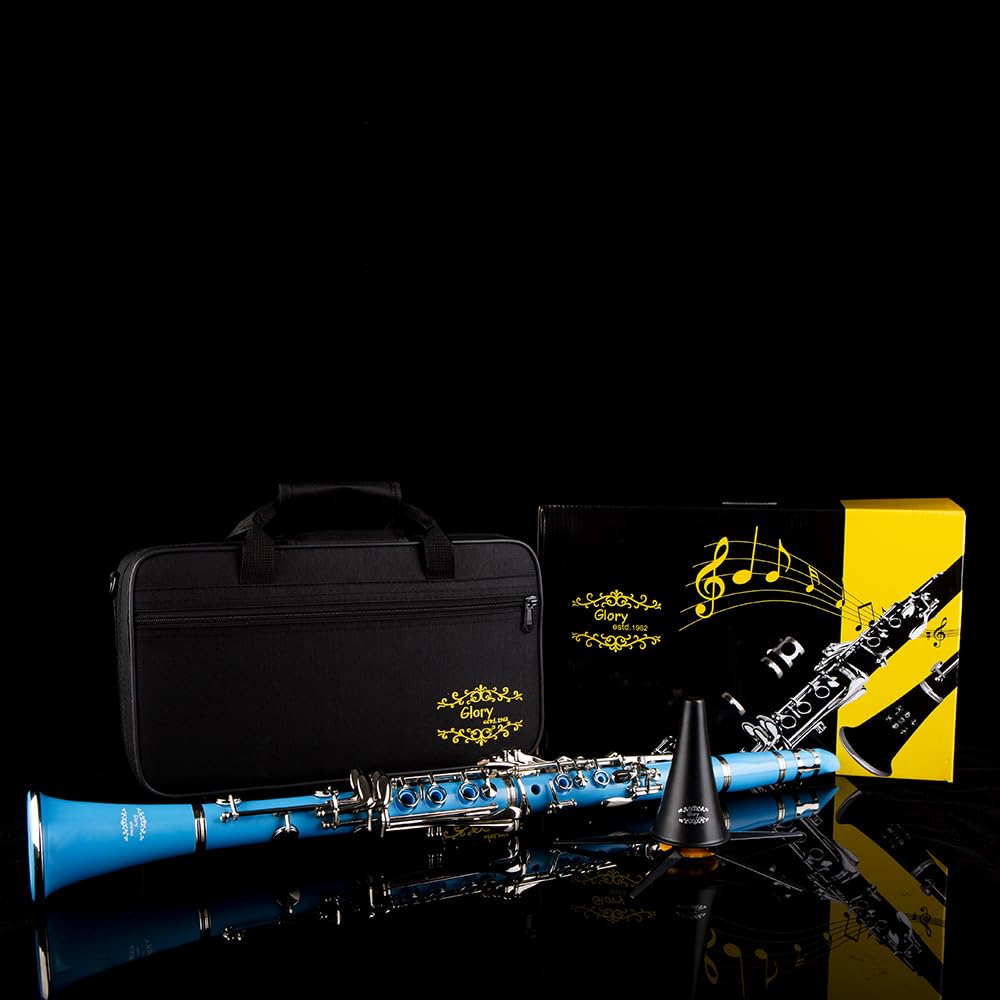 Glory GLY-CLADBL Professional Ebonite Bb Clarinet with 10 Reeds, Stand, Hard Case, Cleaning Cloth, Cork Grease, Mouthpiece Brush and Pad Brush,Dark Blue/Silver