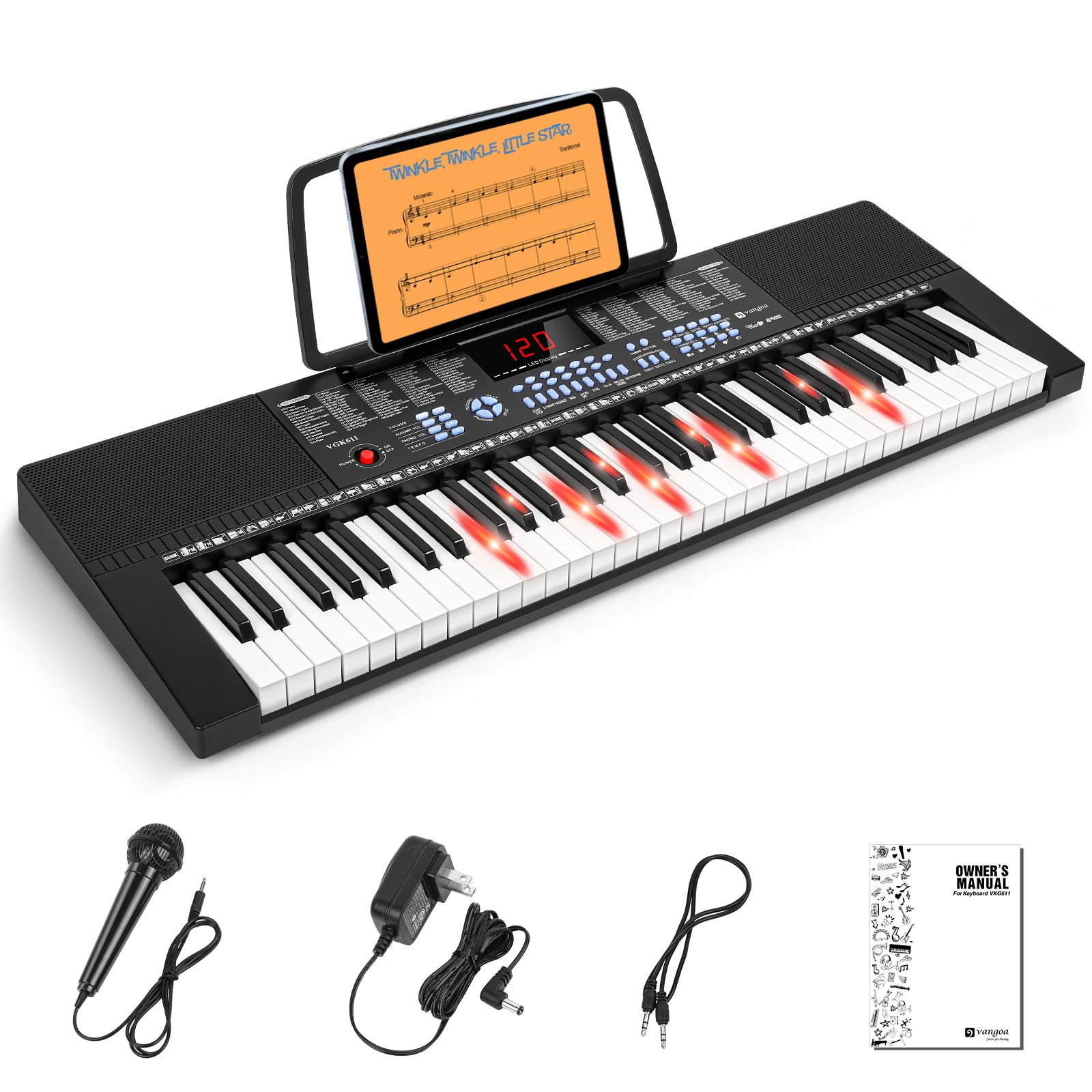 Vangoa 61-Key Light-Up Keyboard Piano for Beginners, 350 Tones &amp; Timbres, 3 Teaching Modes, With Microphone, Black