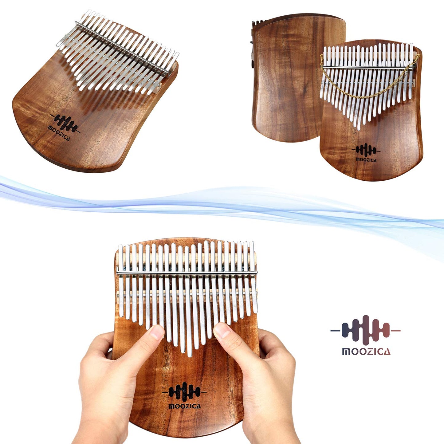 MOOZICA 21 Keys Solid Koa Kalimba Thumb Piano, Single Solid Wood Flat-board Professional Kalimba Marimba with Learning Instruction and High Performance Carrying Case (Acacia Koa, 21-Key)