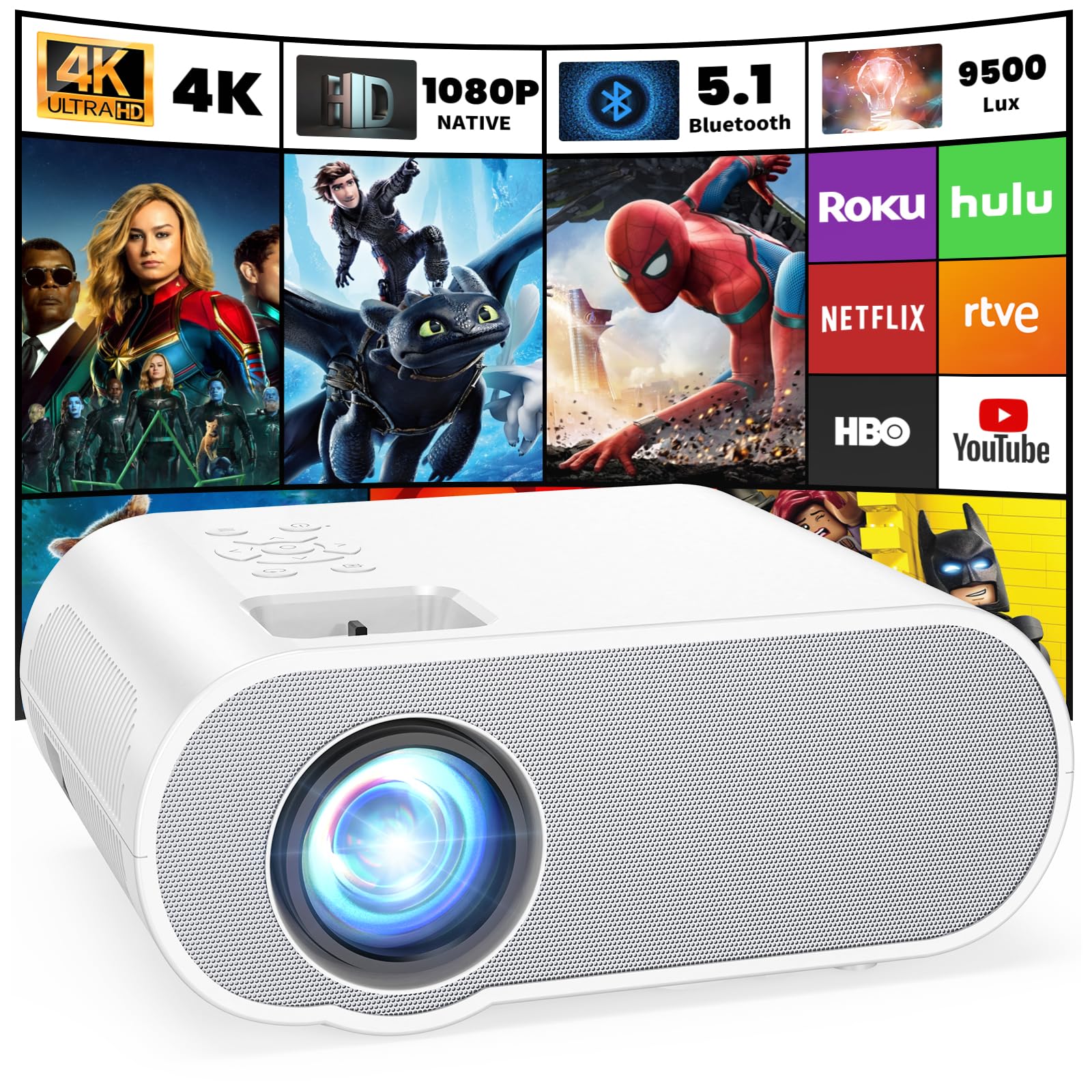 Projector, Native 1080P Full HD Bluetooth Projector with Speaker, Outdoor Portable Movie Mini Projector Compatible with Laptop, Smartphone, TV Stick, Xbox, PS5