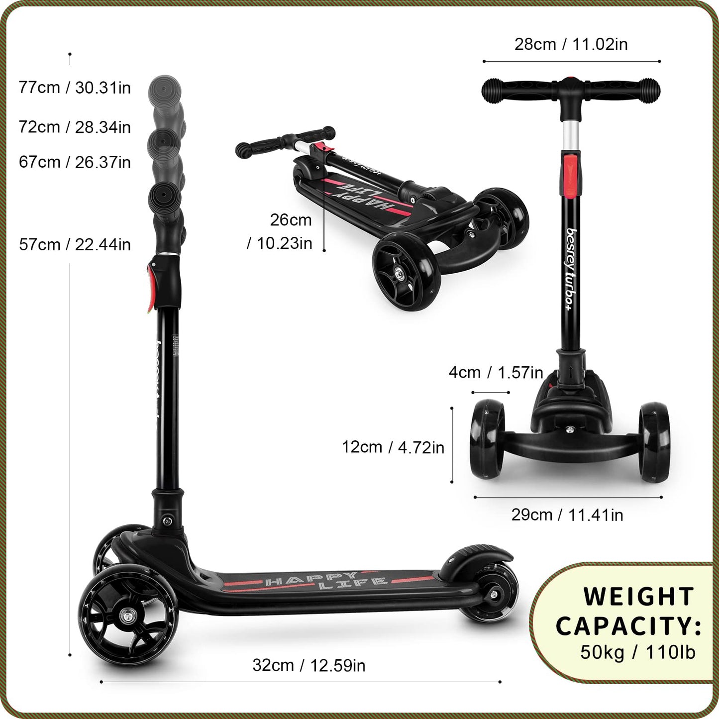 besrey Kick Scooter for Kids Ages 3-10, 3 Wheel Scooter for Kids with Adjustable Height, Folding Kids Scooter with LED Light Wheels Rear Brak Extra Wide Deck Outdoor Activities for Boys/Girls