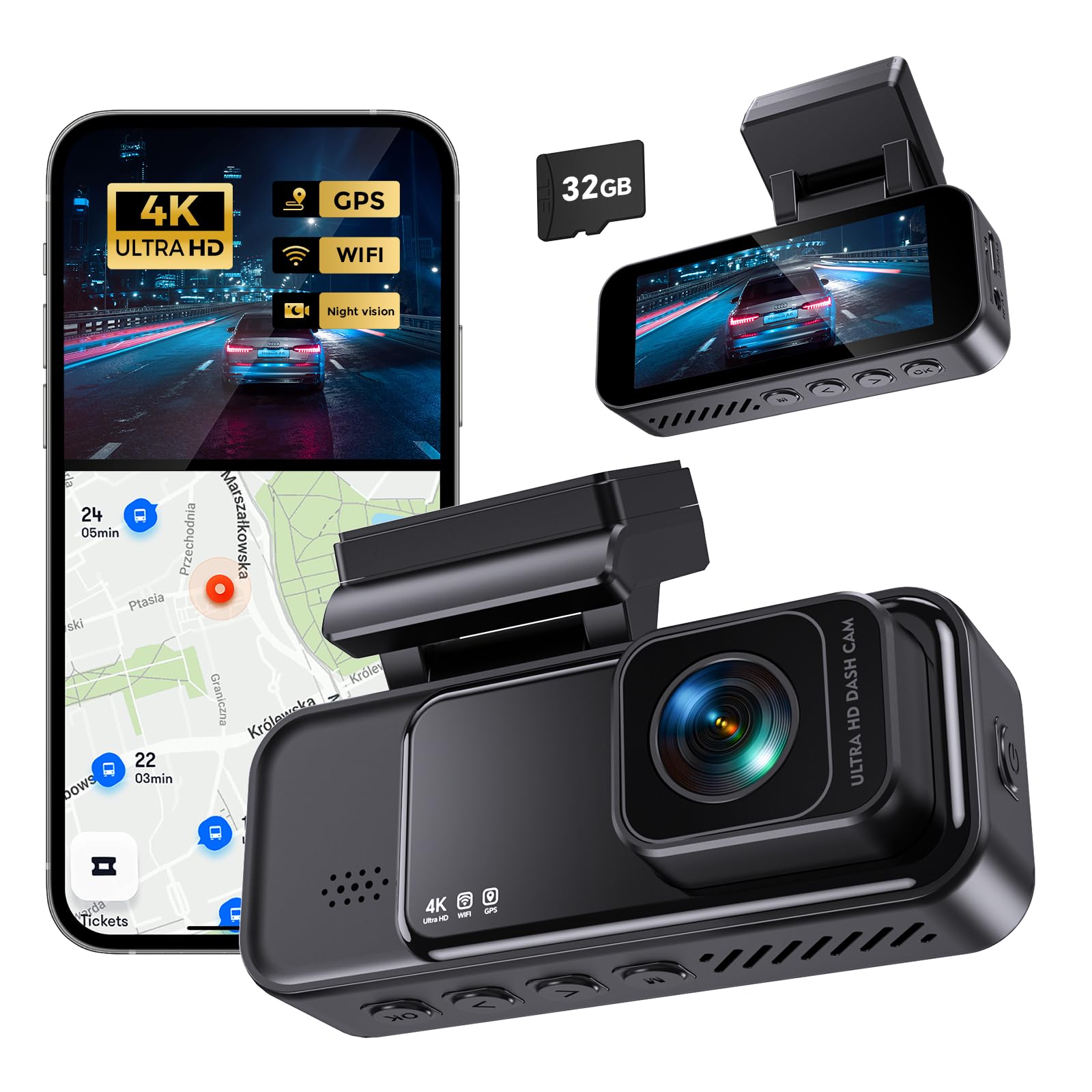 Dash Cam 4K Front, Built-in WiFi GPS Dash Camera for Cars, 3.2" IPS Screen Dashcam with App Control, Free 32G Card, 170°Wide Angle, 24H ParkingMode, WDR, Night Vision, G-Sensor