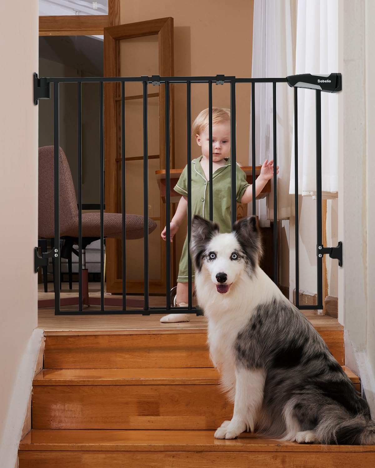 Babelio 26-43" No Bottom Bar Baby Gate for Babies, Elders and Pets, 2-in-1 Hardware Mount Dog Gate for The House, Stairs and Doorways, with Large Walk Thru Door, Black