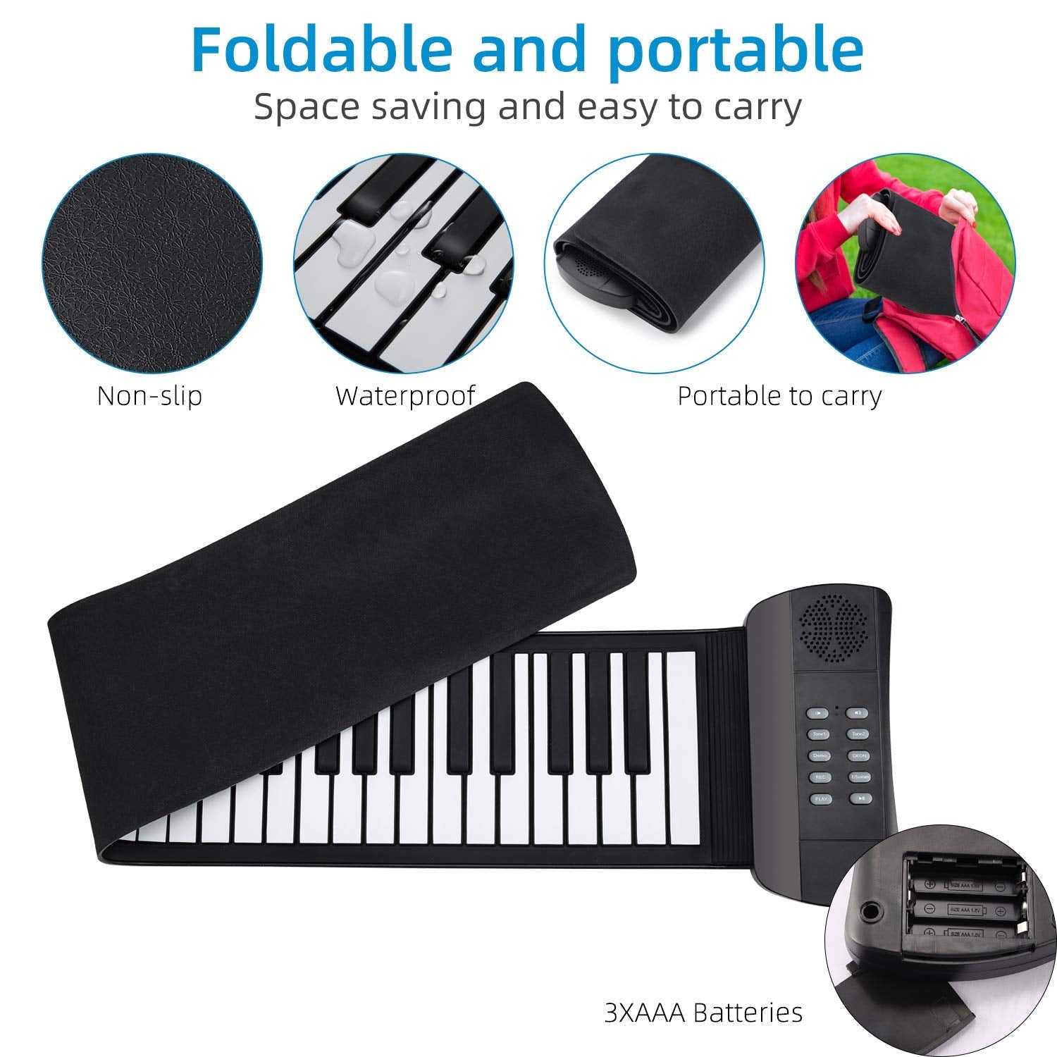 61 Keys Roll Up Piano keyboard piano Upgraded Portable Rechargeable Electronic Hand Roll Piano With Environmental Silicone Piano Keyboard for Beginners (Black)