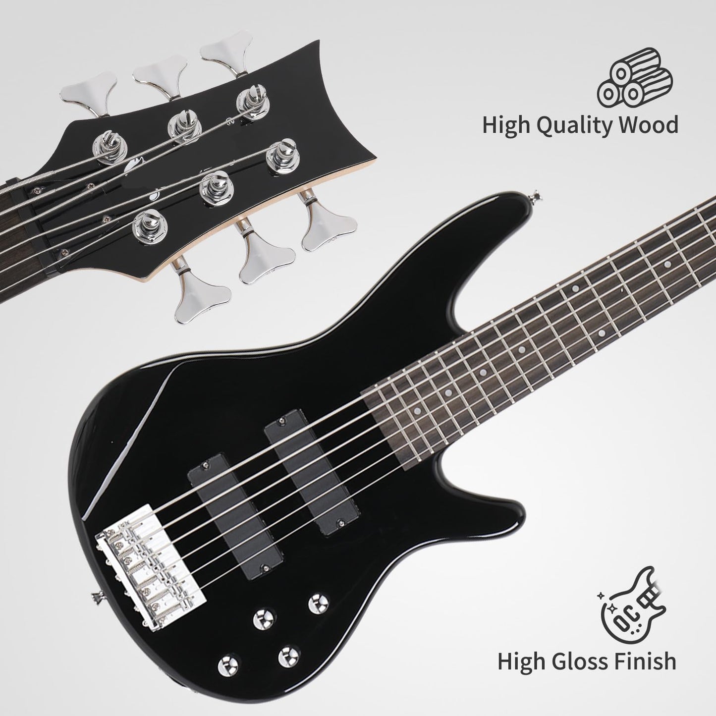 Ktaxon Electric Bass Guitar 6 String Bass with Naturally Air-dried Maple Neck, Rosewood Fingerboard and Basswood Body (Classic Black)