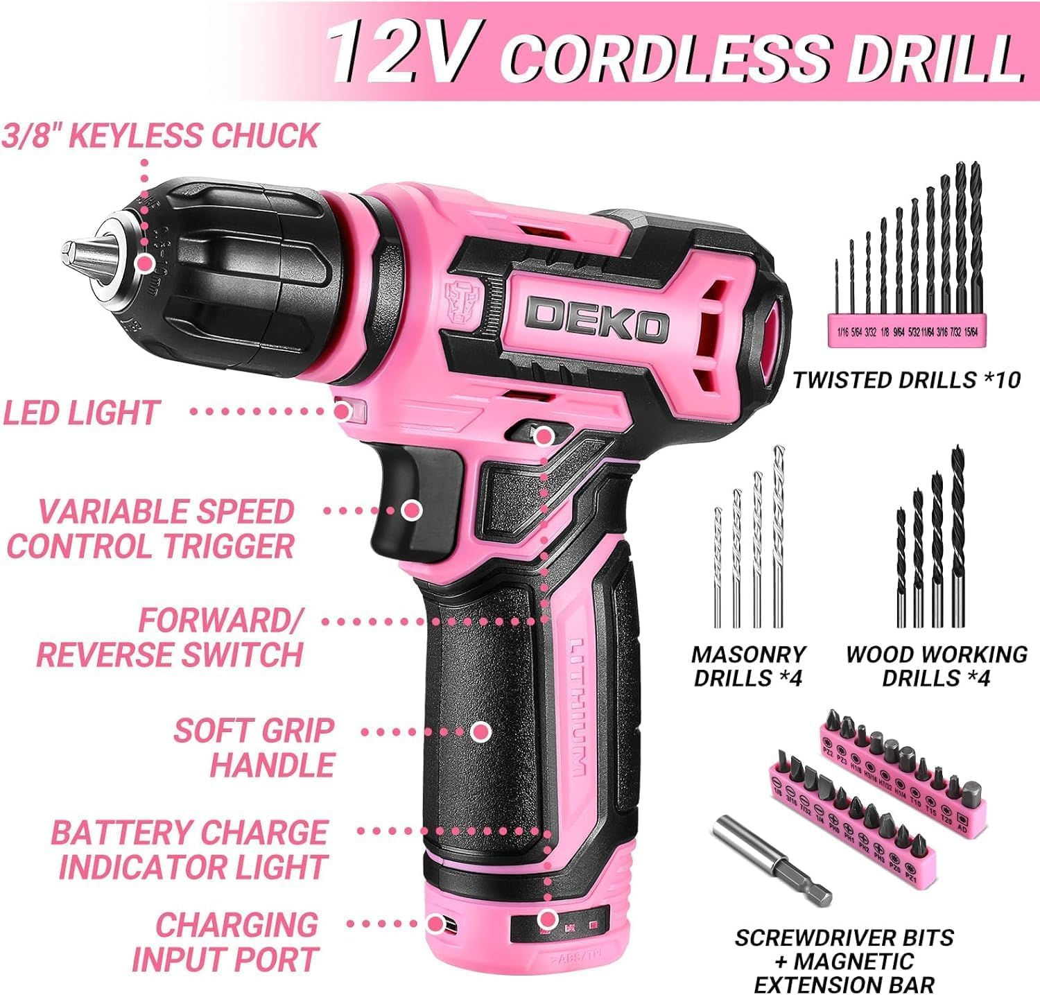 Pink Drill Tool Set Kit: Power Cordless Drill Tool Box with 12V Battery Electric Pink Drill Driver Set for Women Home Hand Repair Tools Sets Drills Case