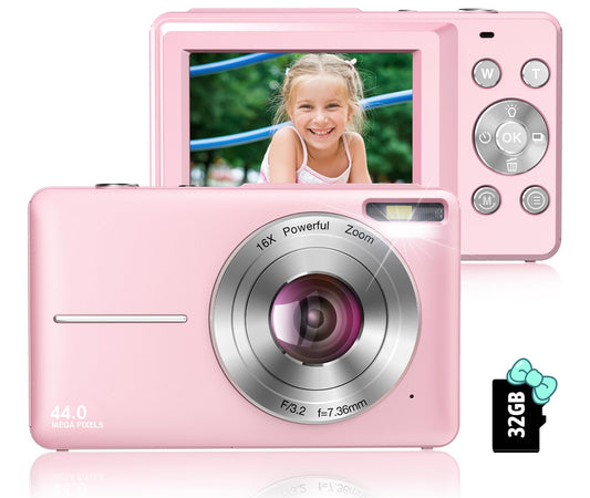 Toberto Digital Camera, FHD 1080P Digital Camera for Kids with 16X Zoom Anti Shake, Flashlight, 44MP Point and Shoot Camera Compact Small Digital Camera for Teens, Girls, Boys, Students - Pink