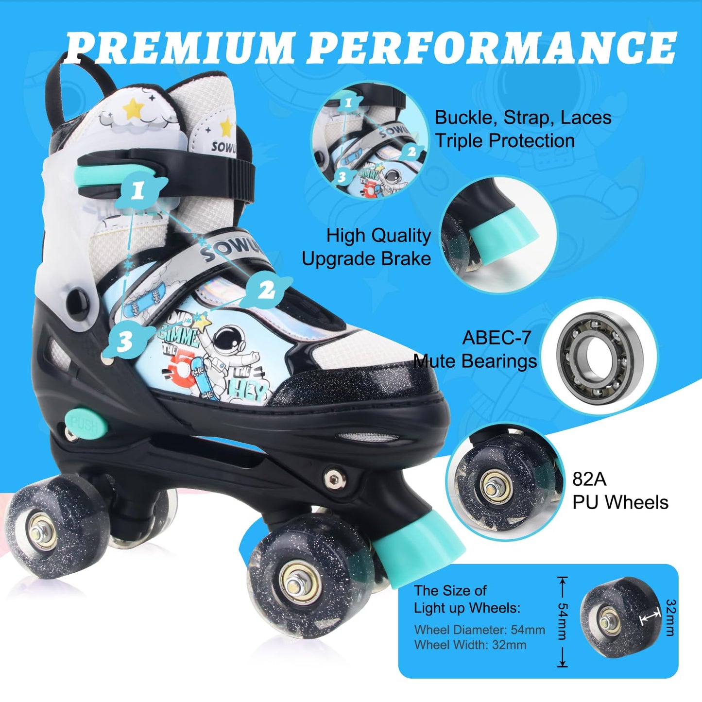 Sowume Adjustable Roller Skates for Girls and Women, All 8 Wheels of Girl's Skates Shine, Safe and Fun Illuminating for Kids