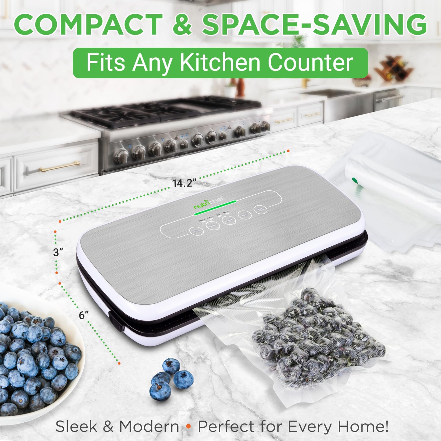 NutriChef Vacuum Sealer | Automatic Vacuum Air Sealing System For Food Preservation w/ Starter Kit | Compact Design | Lab Tested | Dry &amp; Moist Food Modes | Led Indicator Lights