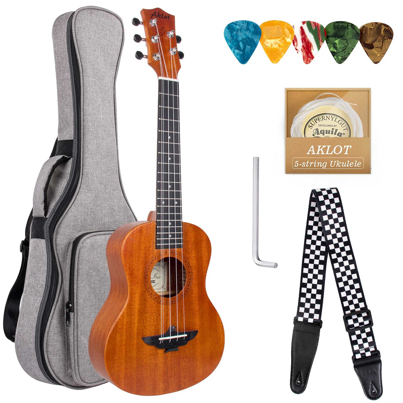 AKLOT 5 Strings Ukulele,Tenor Ukelele 26 inch Solid Mahogany Uke with Gig Bag Belt Extra Strings Professionals