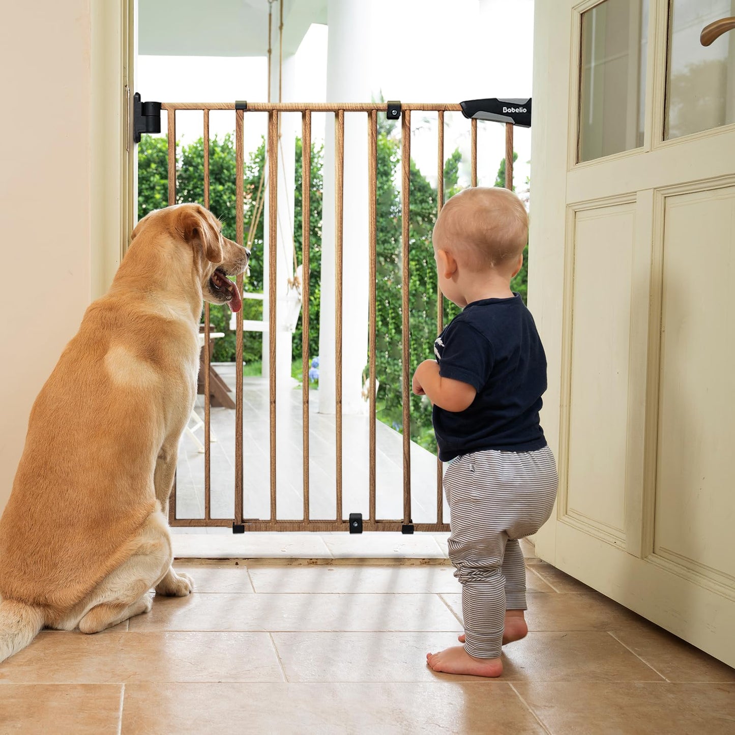 Babelio 26-43" No Bottom Bar Baby Gate for Babies, Elders and Pets, 2-in-1 Hardware Mount Dog Gate for The House, Stairs and Doorways, with Large Walk Thru Door, Black