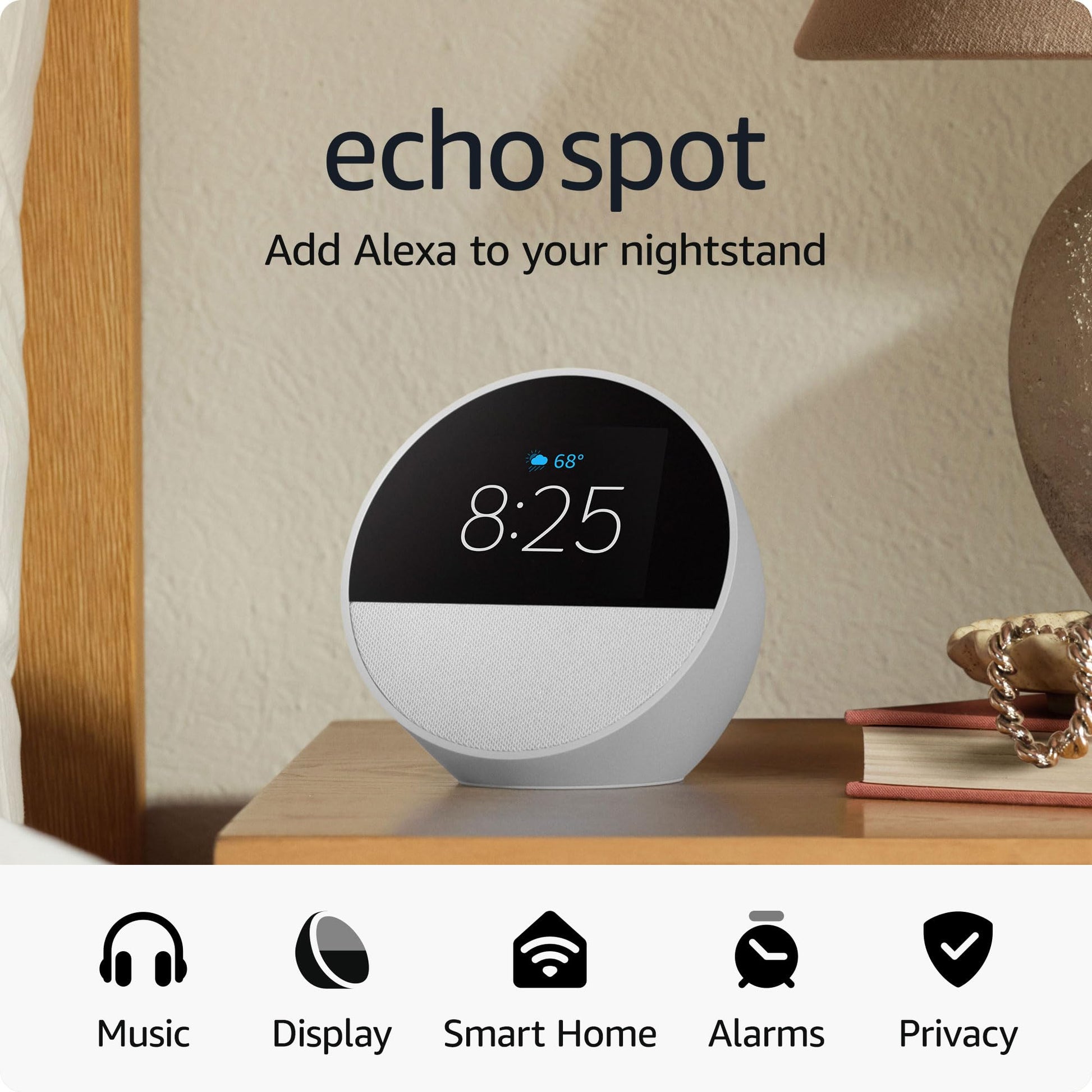 Amazon Echo Spot (newest model), Great for nightstands, offices and kitchens, Smart alarm clock with Alexa, Black