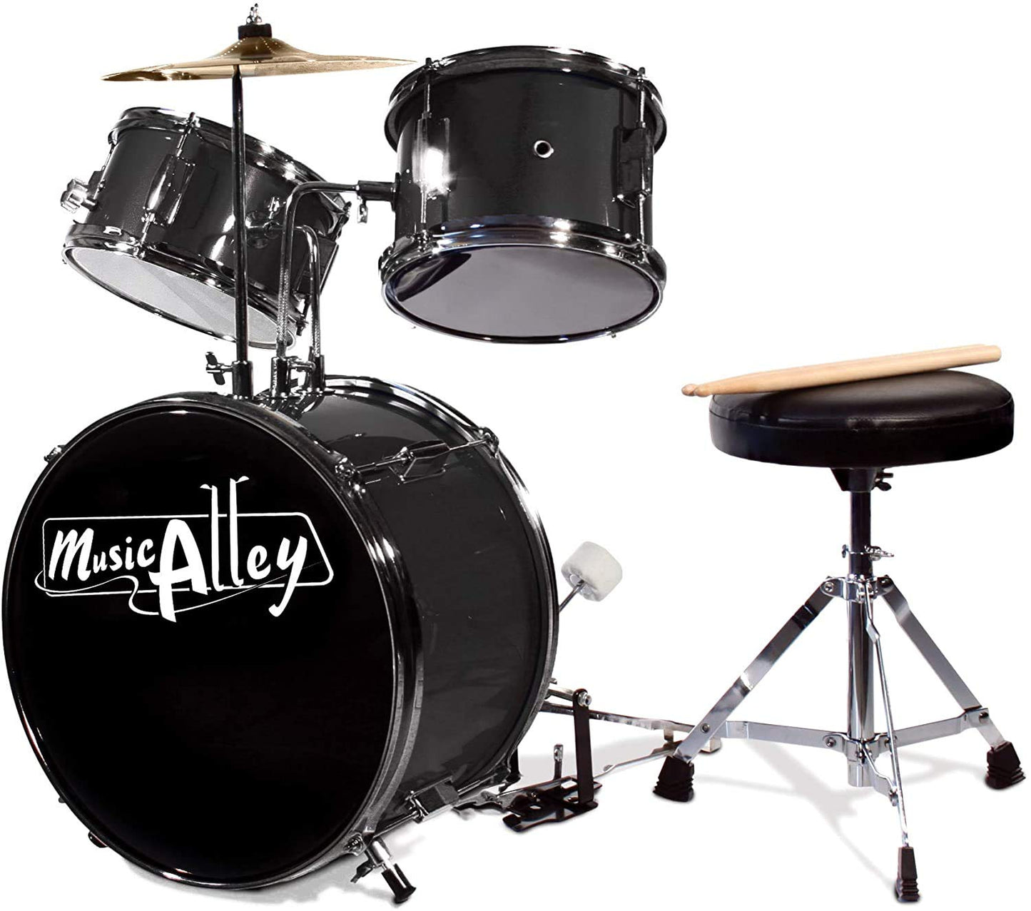 Music Alley 3 Piece Kids Drum Set with Throne, Cymbal, Pedal &amp; Drumsticks, Blue, (DBJK02)