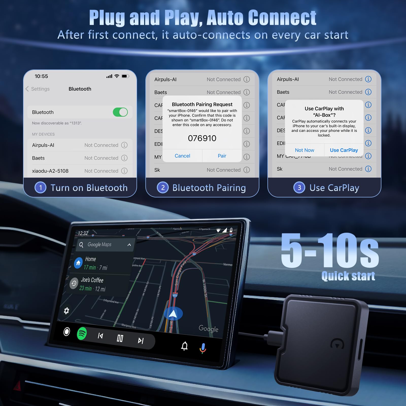 Wireless CarPlay Adapter, 2025 Upgrade Support Netflix/YouTube/TF Card Plug &amp; Play Dongle with Apple Car Play Wireless Adapter Android Auto Wireless Adapter for Cars from 2015&amp;iPhone iOS10+