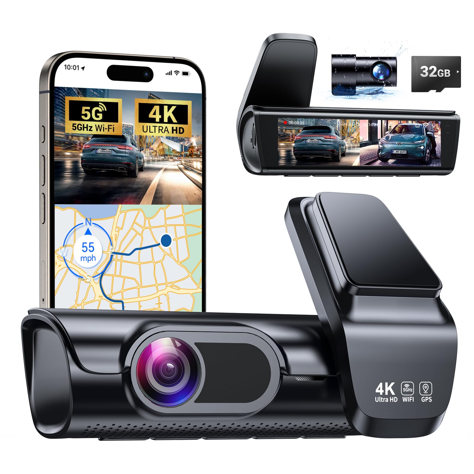 K600 4k Dash Cam Front and Rear, 3.59" IPS Screen, Built-in GPS 5G WiFi Dash Camera for Cars with App, UHD 2160P Night Vision Free 32G SD Card, 170° Wide Angle, HDR, 24H Parking Mode