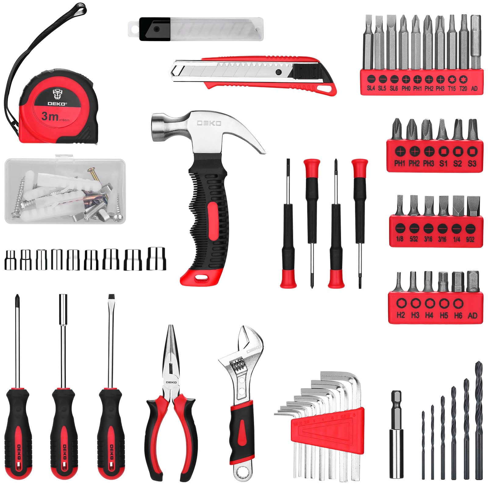 DEKOPRO Drill Set: Tool Set with 8V Red Cordless Drill, Home Tool Kit with Drill, Hand Tool Kits for Women 126 Piece