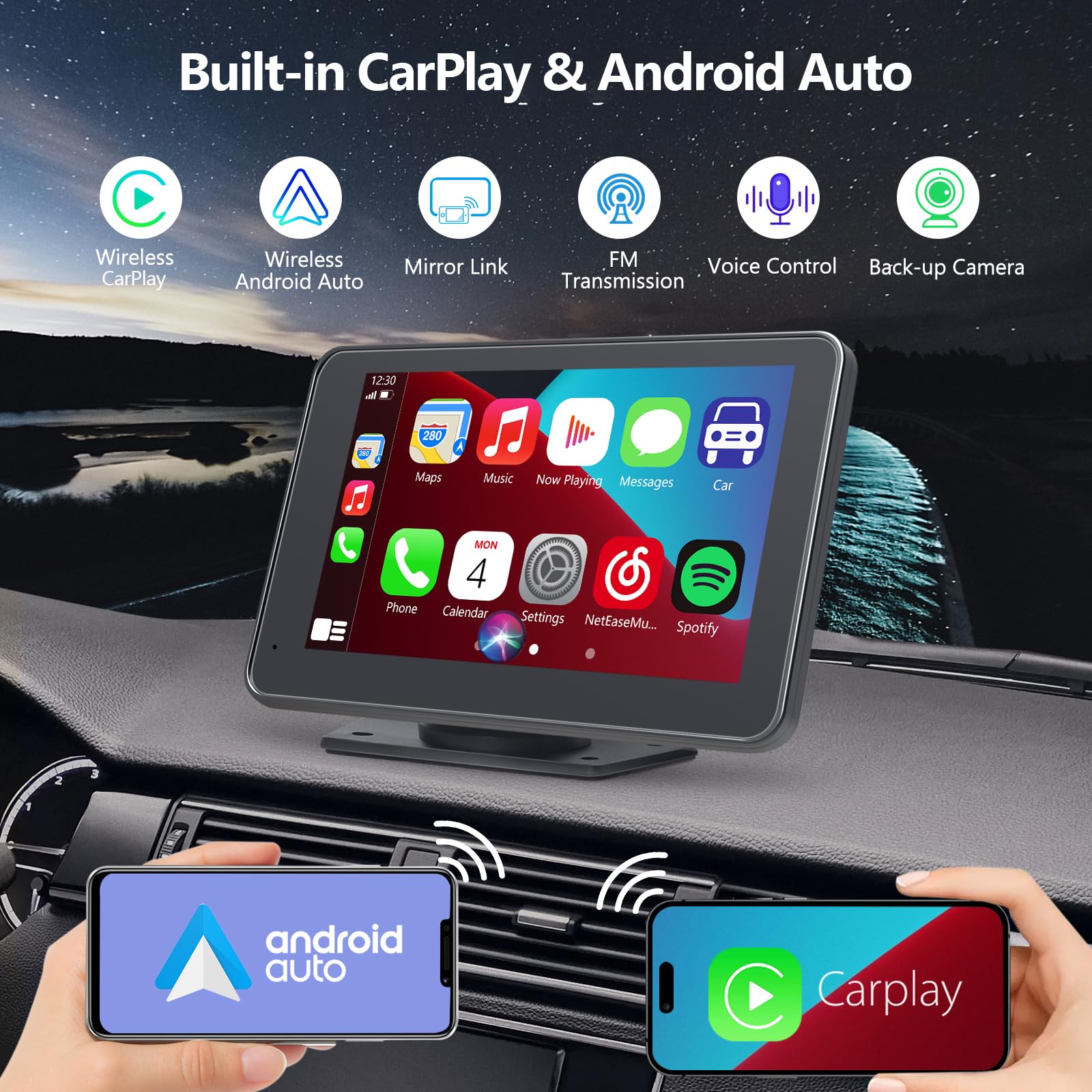 Wireless Car Stereo with Apple CarPlay/Android Auto, Portable Touch Screen Car Radio Multimedia Player with Bluetooth, Backup Camera, Navigation, Mirror Link for All Vehicles