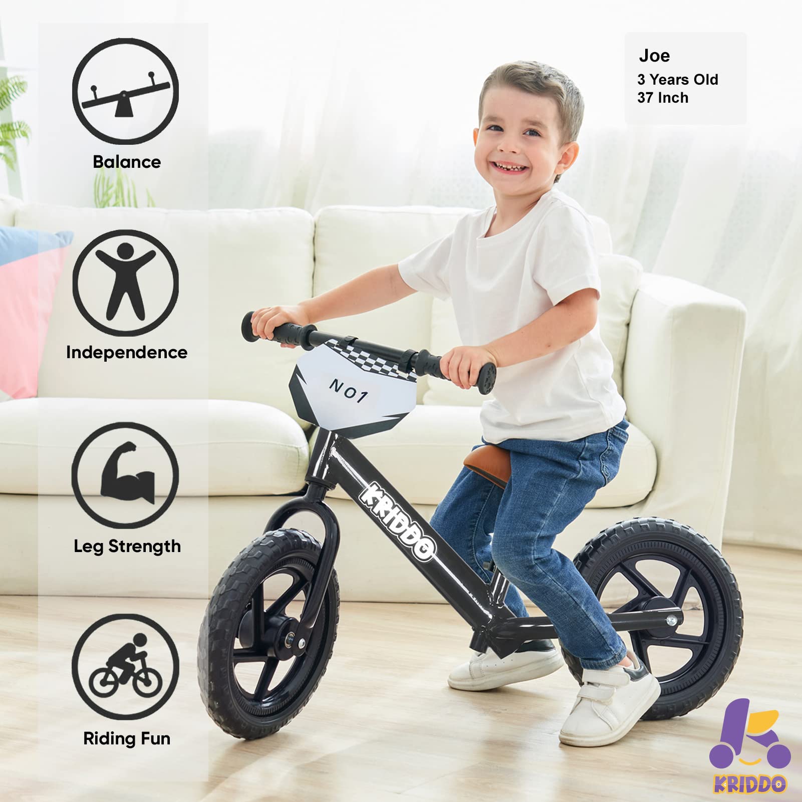 KRIDDO Toddler Balance Bike 2 Year Old, Age 24 Months to 5 Years Old, 12 Inch Push Bicycle with Customize Plate (3 Sets of Stickers Included), Steady Balancing, Gift Bike for 2-3 Boys Girls