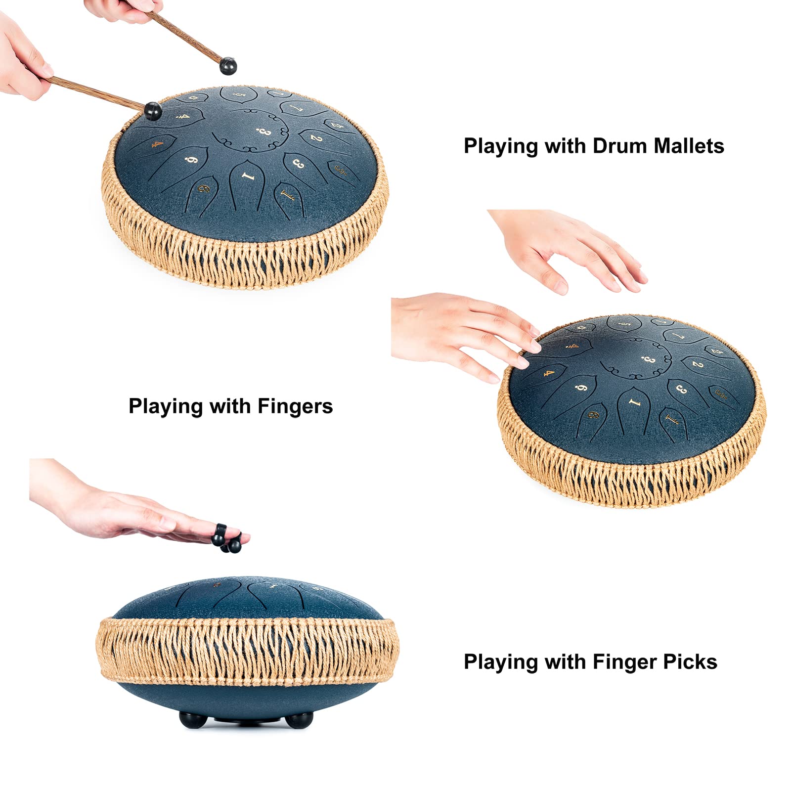 Steel Tongue Drum - 15 Note 12 Inch Tongue Drums - Percussion Instruments - Hand Pan Drum with Music Book, Drum Mallets and Carry Bag, D Major, Black