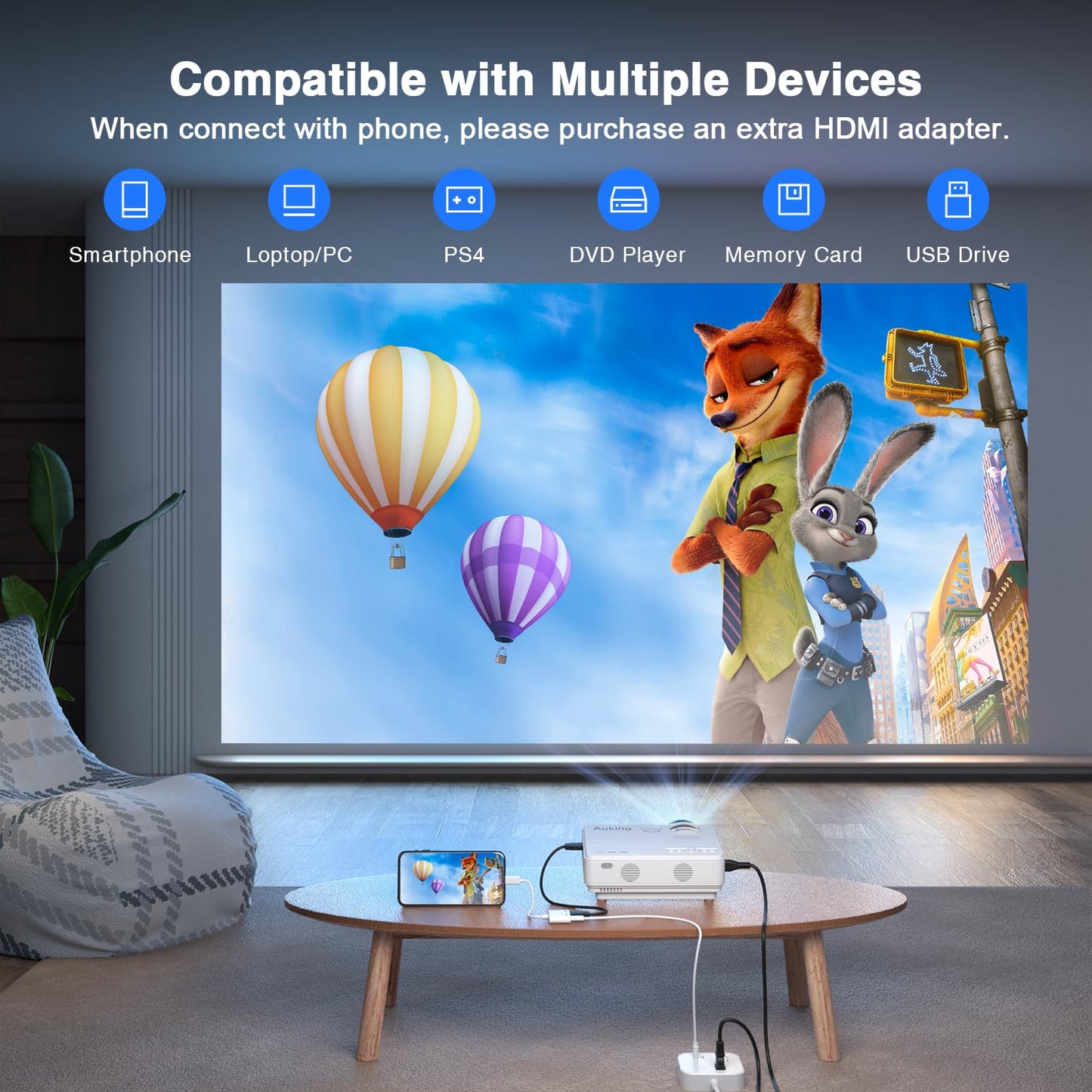 AuKing Projector, 2024 Upgraded Mini Projector, Full HD 1080P Home Theater Video Projector, Compatible with HDMI/USB/AV/Smartphone/TV Box/Laptop