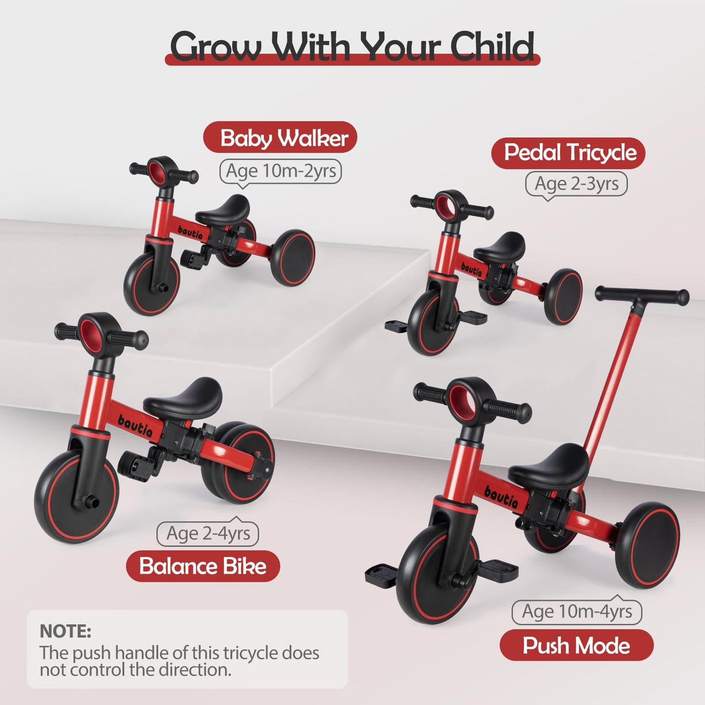 Tricycle for Toddlers 1-3 with Push Handle, 5 in 1 Baby Balance Bike for 1-4 Years Old Kids Toy, Boys Girls Bicycle Gift with Removable Pedals, Black (No Parent Steering Version)