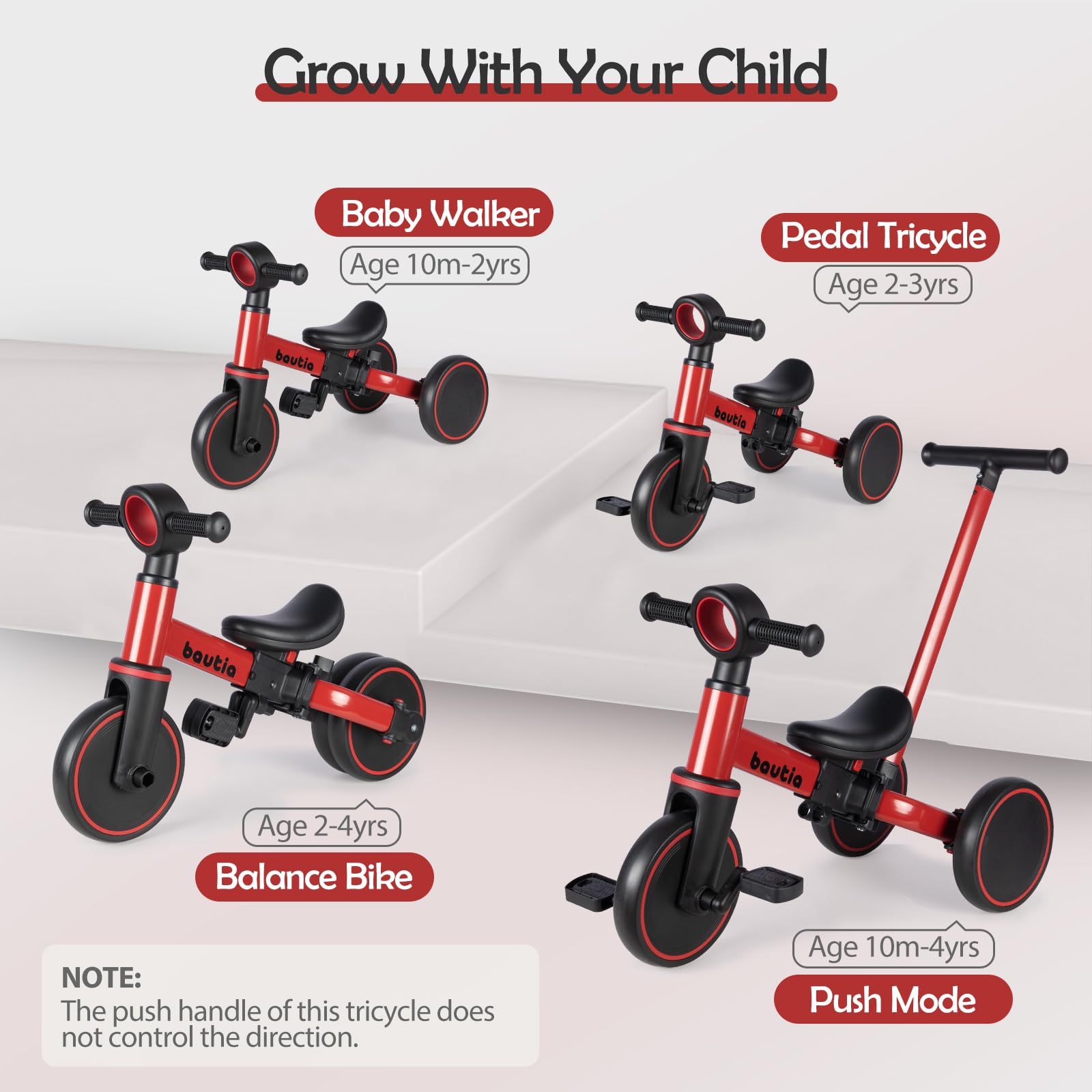 Tricycle for Toddlers 1-3 with Push Handle, 5 in 1 Baby Balance Bike for 1-4 Years Old Kids Toy, Boys Girls Bicycle Gift with Removable Pedals, Black (No Parent Steering Version)