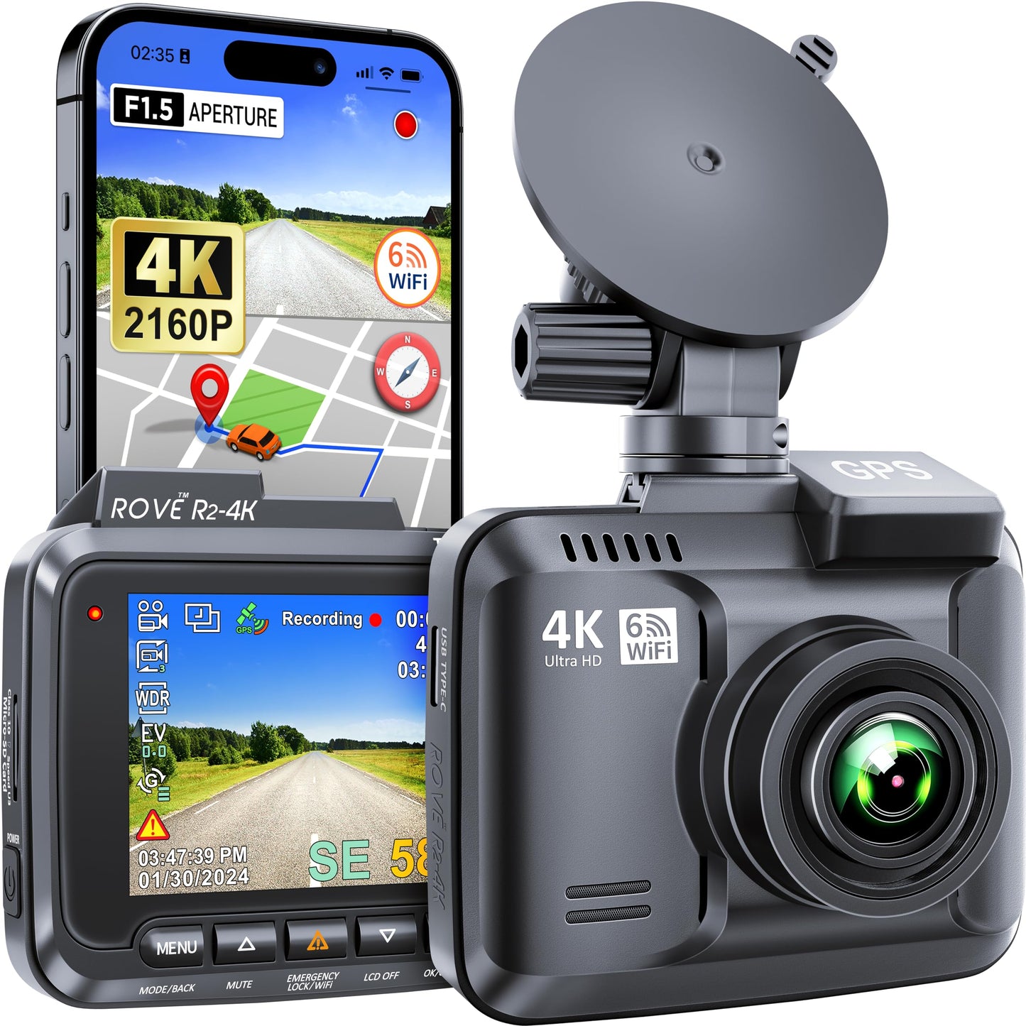 ROVE R2-4K Dash Cam Built-in WiFi 6 GPS Car Dashboard Camera Recorder with UHD 2160P, 2.4" IPS Screen, 150° Wide Angle, WDR, Night Vision