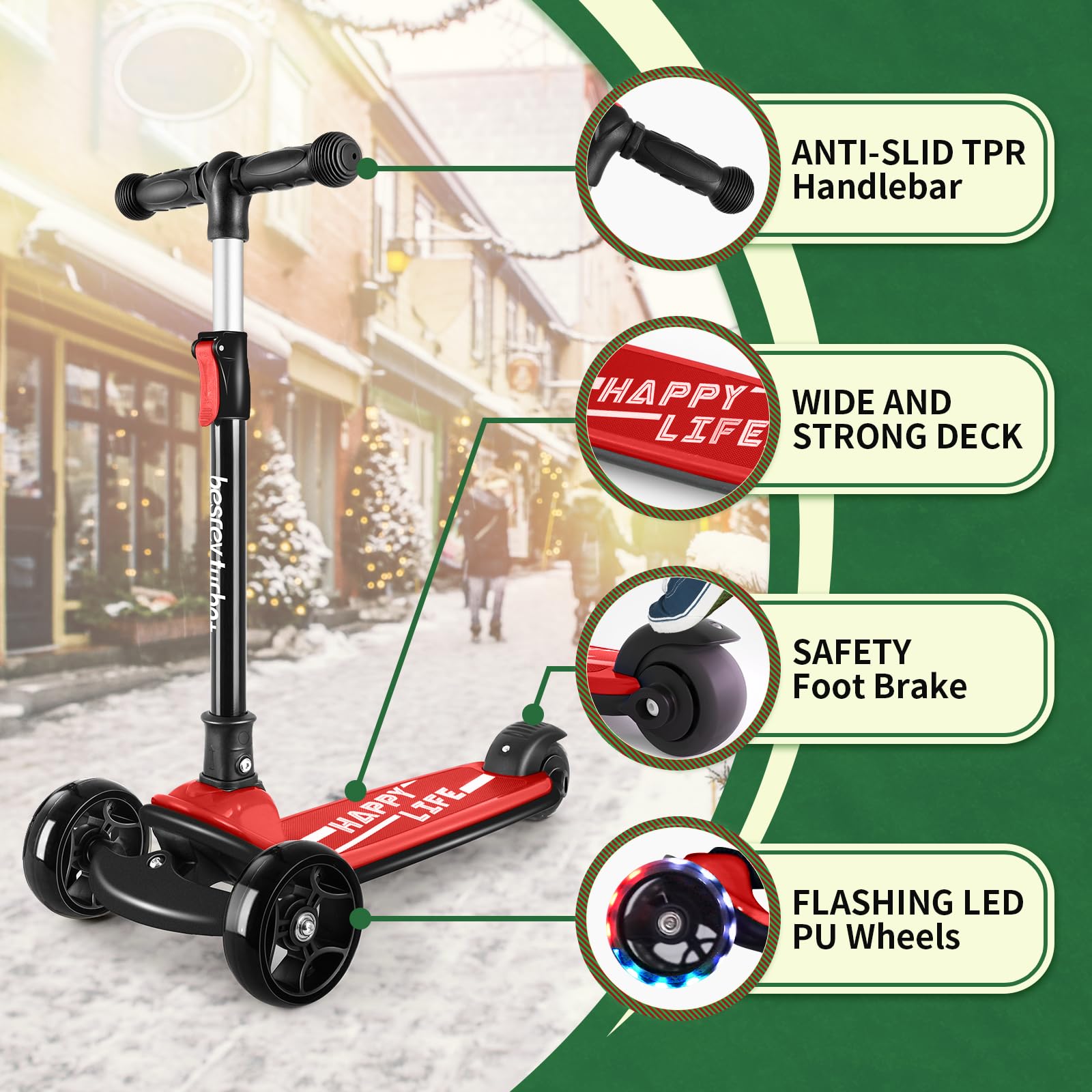 besrey Kick Scooter for Kids Ages 3-10, 3 Wheel Scooter for Kids with Adjustable Height, Folding Kids Scooter with LED Light Wheels Rear Brak Extra Wide Deck Outdoor Activities for Boys/Girls