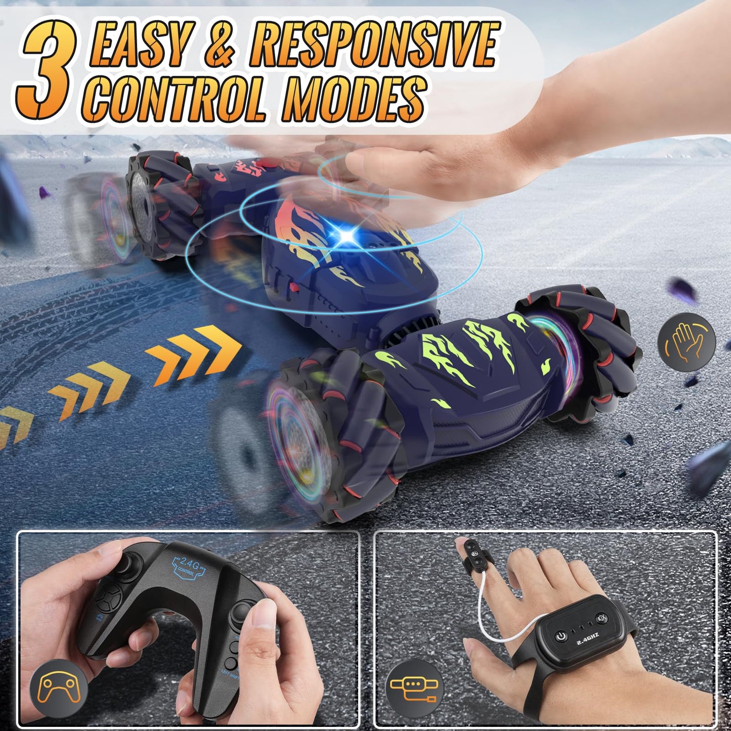 Pristar RC Car Toys for Boys Girls 6-12, Gesture Sensing RC Stunt Car 2.4Ghz 4WD Remote Control Car with Lights Music Double Sided Flip 360° Rotate Off-Road, Birthday Xmas Gifts for Kids Aged 6-12