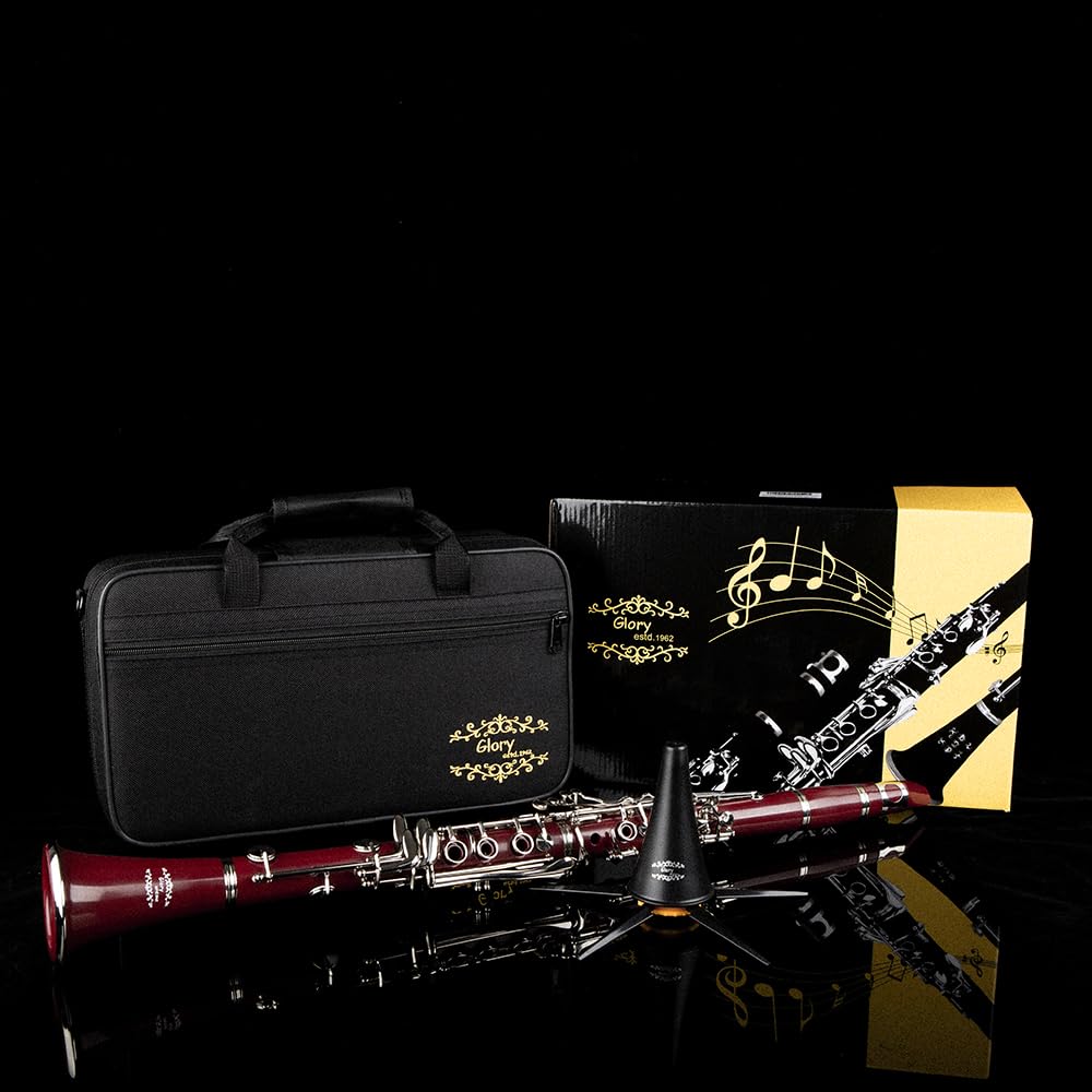 Glory GLY-CLADBL Professional Ebonite Bb Clarinet with 10 Reeds, Stand, Hard Case, Cleaning Cloth, Cork Grease, Mouthpiece Brush and Pad Brush,Dark Blue/Silver