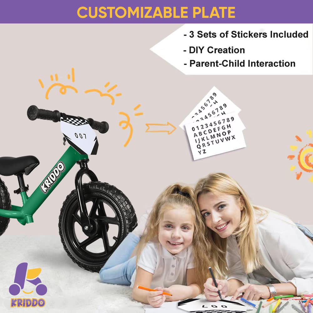 KRIDDO Toddler Balance Bike 2 Year Old, Age 24 Months to 5 Years Old, 12 Inch Push Bicycle with Customize Plate (3 Sets of Stickers Included), Steady Balancing, Gift Bike for 2-3 Boys Girls