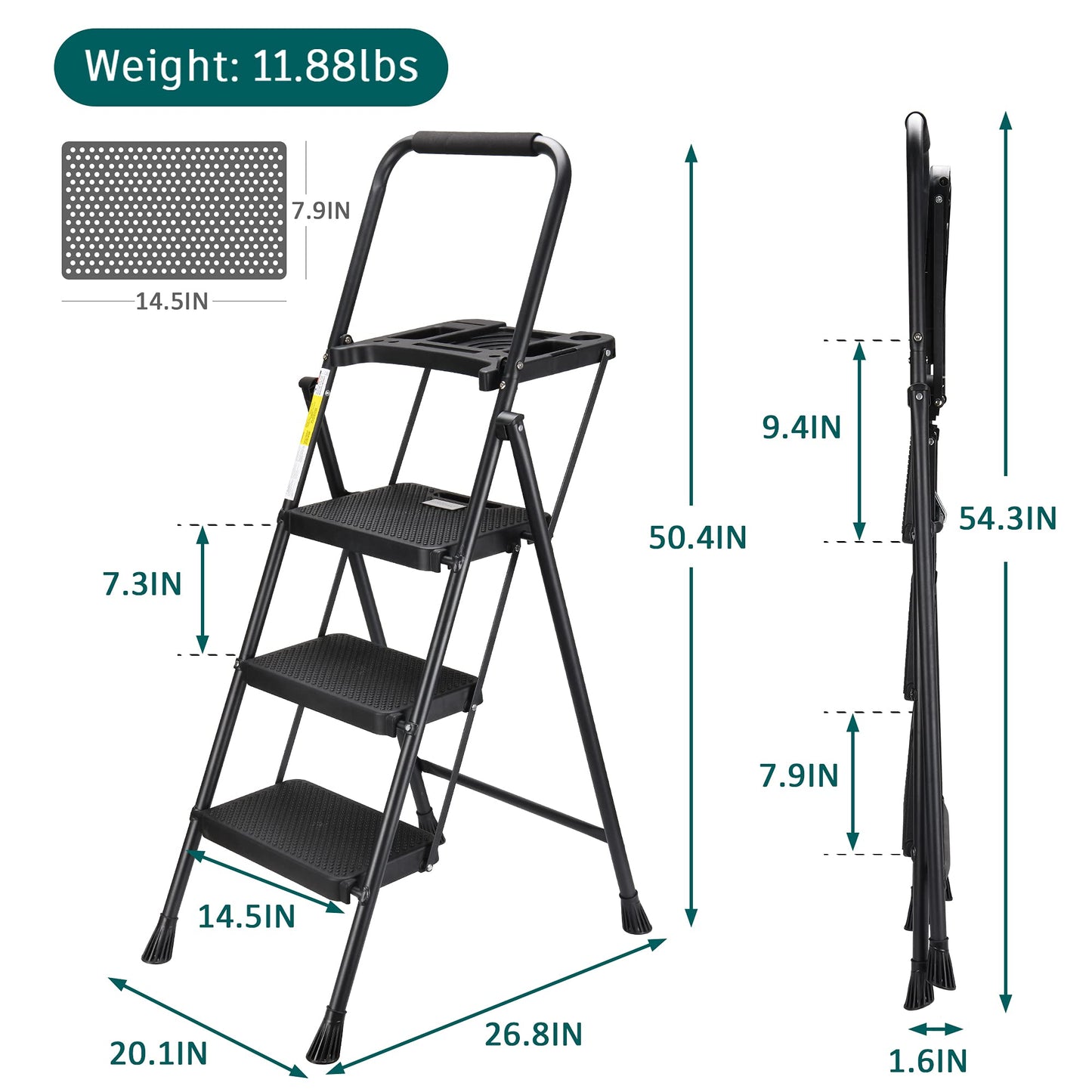 HBTower 3 Step Ladder with Tool Tray, Folding Step Stool with Wide Non-Slip Pedal and Comfort Handgrip for Household and Office, Lightweight 500lbs Capacity Step Ladder, Black