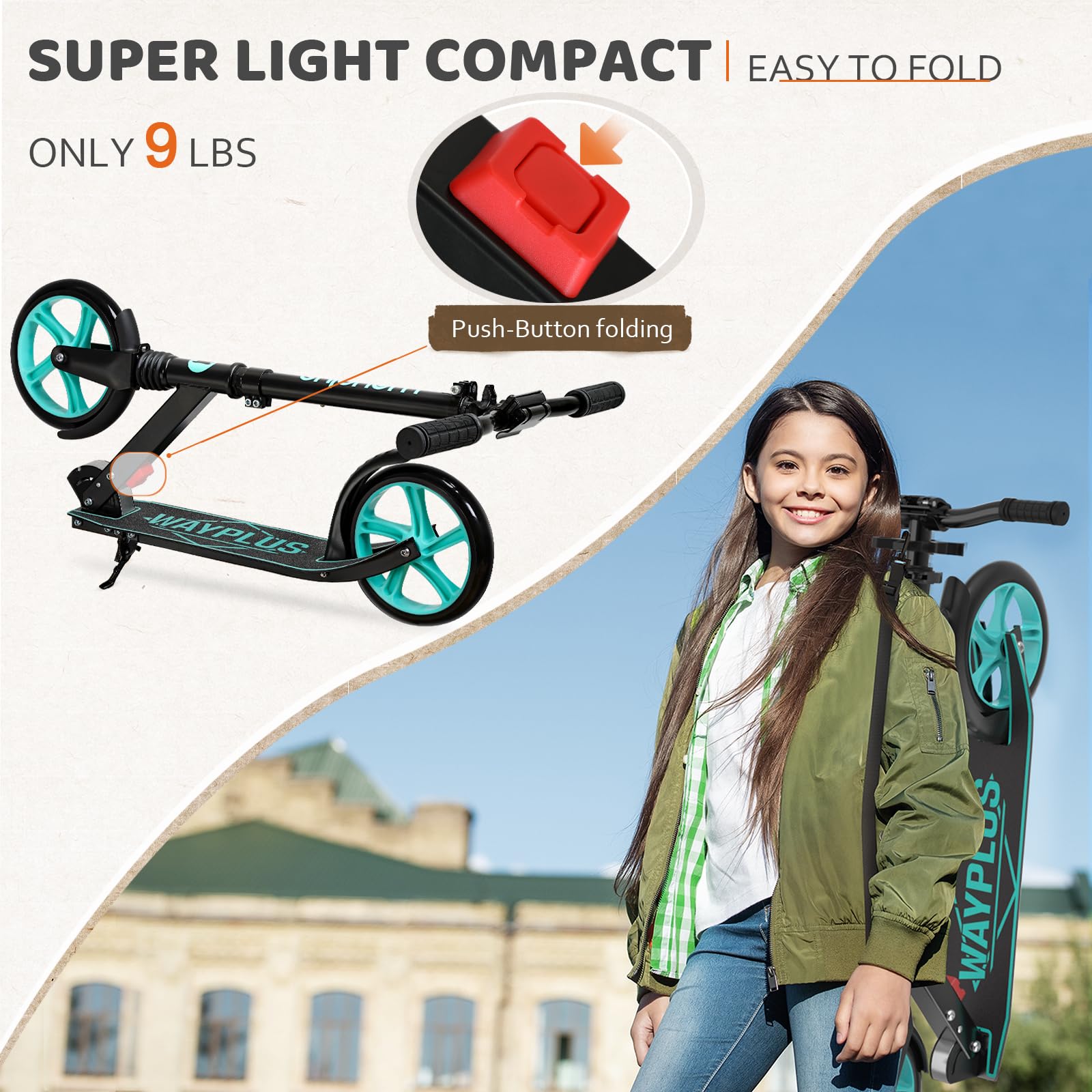 Kick Scooter for Ages 6+,Kid, Teens &amp; Adults. Max Load 240 LBS. Foldable, Lightweight, 8IN Big Wheels for Kids, Teen and Adults, 4 Adjustable Levels. Bearing ABEC9