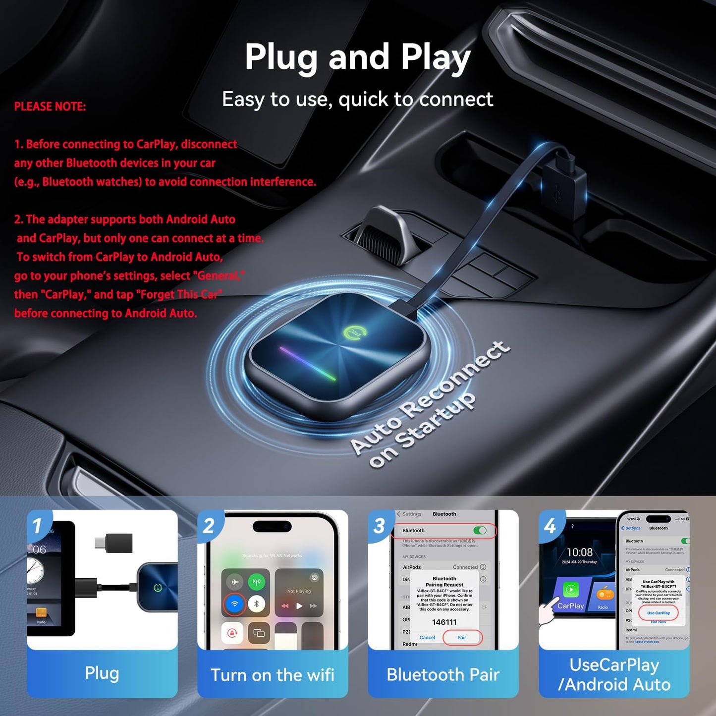 Wireless CarPlay Adapter 2024 Upgraded, 2 in 1 Wireless CarPlay &amp; Android Auto Adapter Converts Factory Wired CarPlay to Wireless, Plug and Play Car Play Wireless Adapter, Compatible iPhone/Android