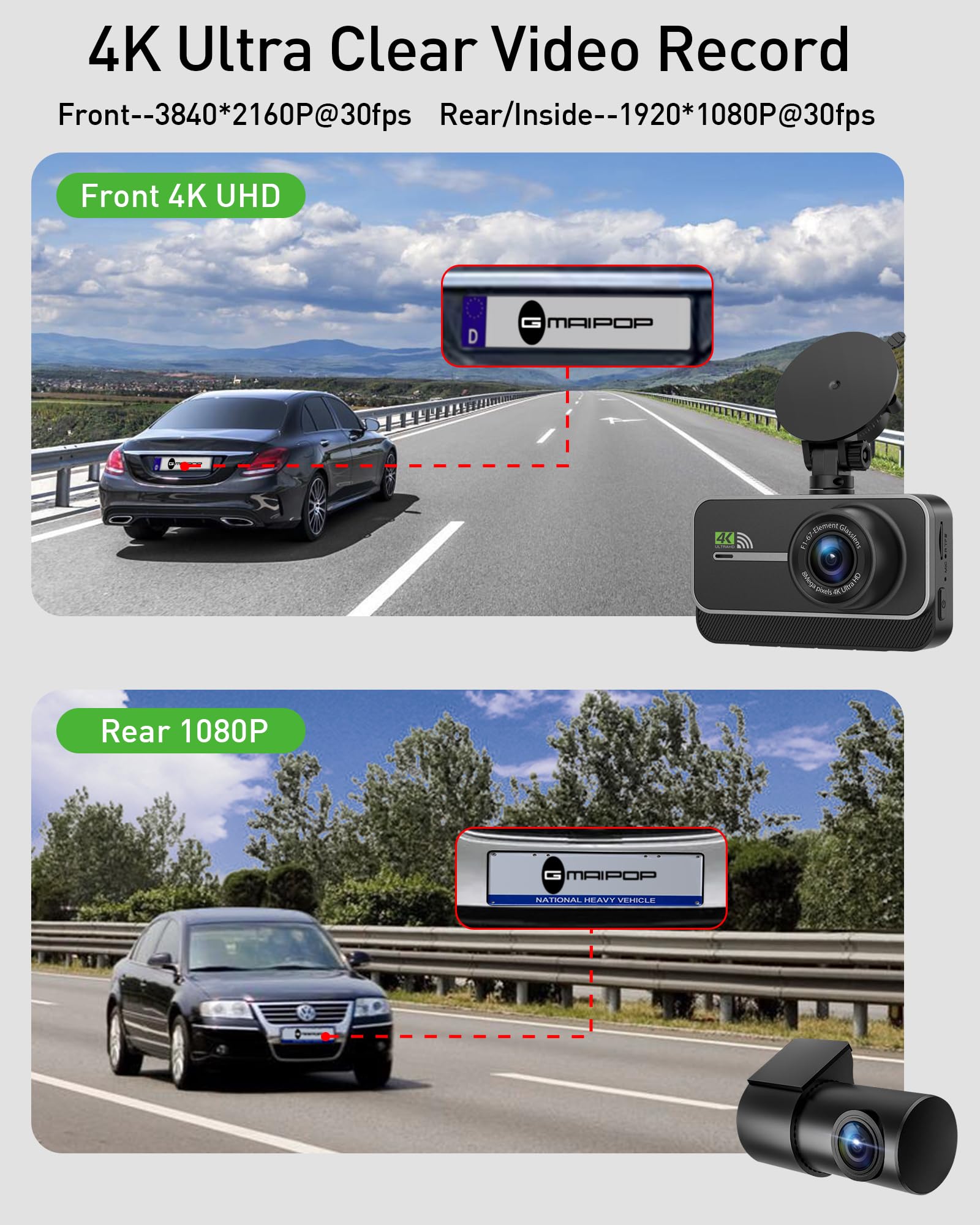 Dash Cam Front and Rear,4K+1080P WiFi Dual Dash Camera for Cars with App, 3" IPS Dashboard Camera Recorder,Night Vision,24H/7 Parking Mode, Loop Recording,170° Wide Angle,Free 64GB SD Card