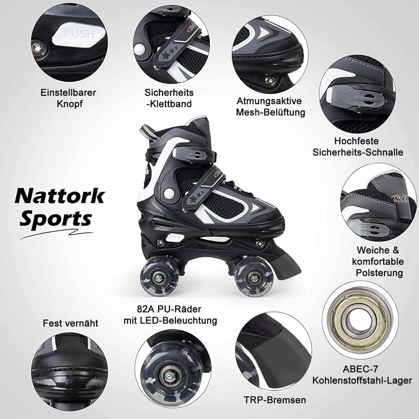 Nattork Kids Roller Skates for Boys Girls Kids, 4 Sizes Adjustable Quad Skates with All Light up Wheels - Birthday Gift for Indoor Outdoor Sports