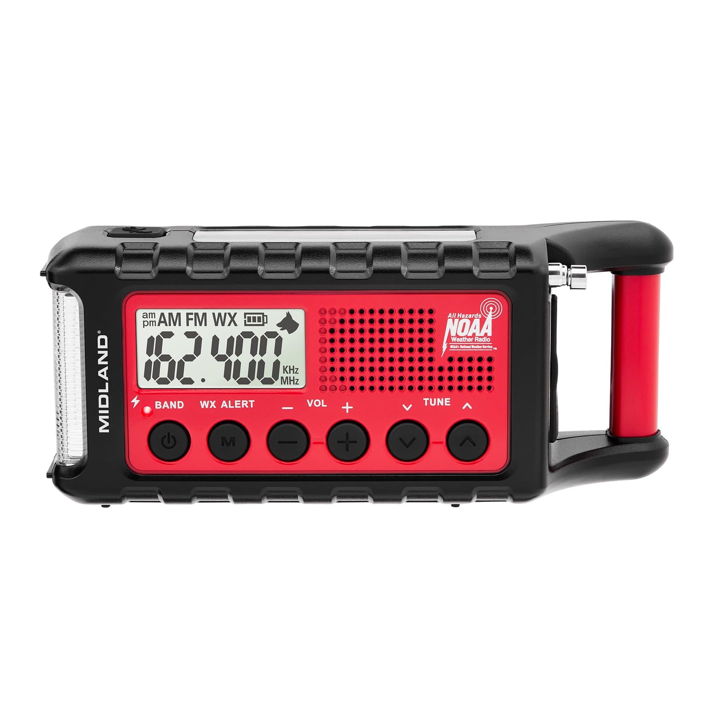 Midland - ER310, Emergency Crank Weather AM/FM Radio - Multiple Power Sources, SOS Emergency Flashlight, Ultrasonic Dog Whistle, &amp; NOAA Weather Scan + Alert (Red/Black)