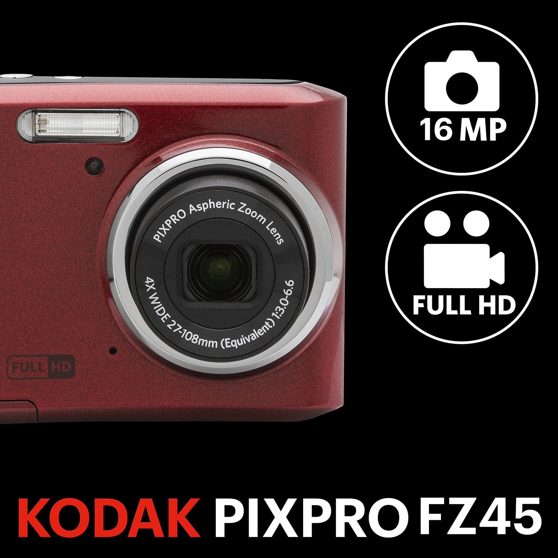 KODAK PIXPRO Friendly Zoom FZ45-BK 16MP Digital Camera with 4X Optical Zoom 27mm Wide Angle and 2.7" LCD Screen (Black)