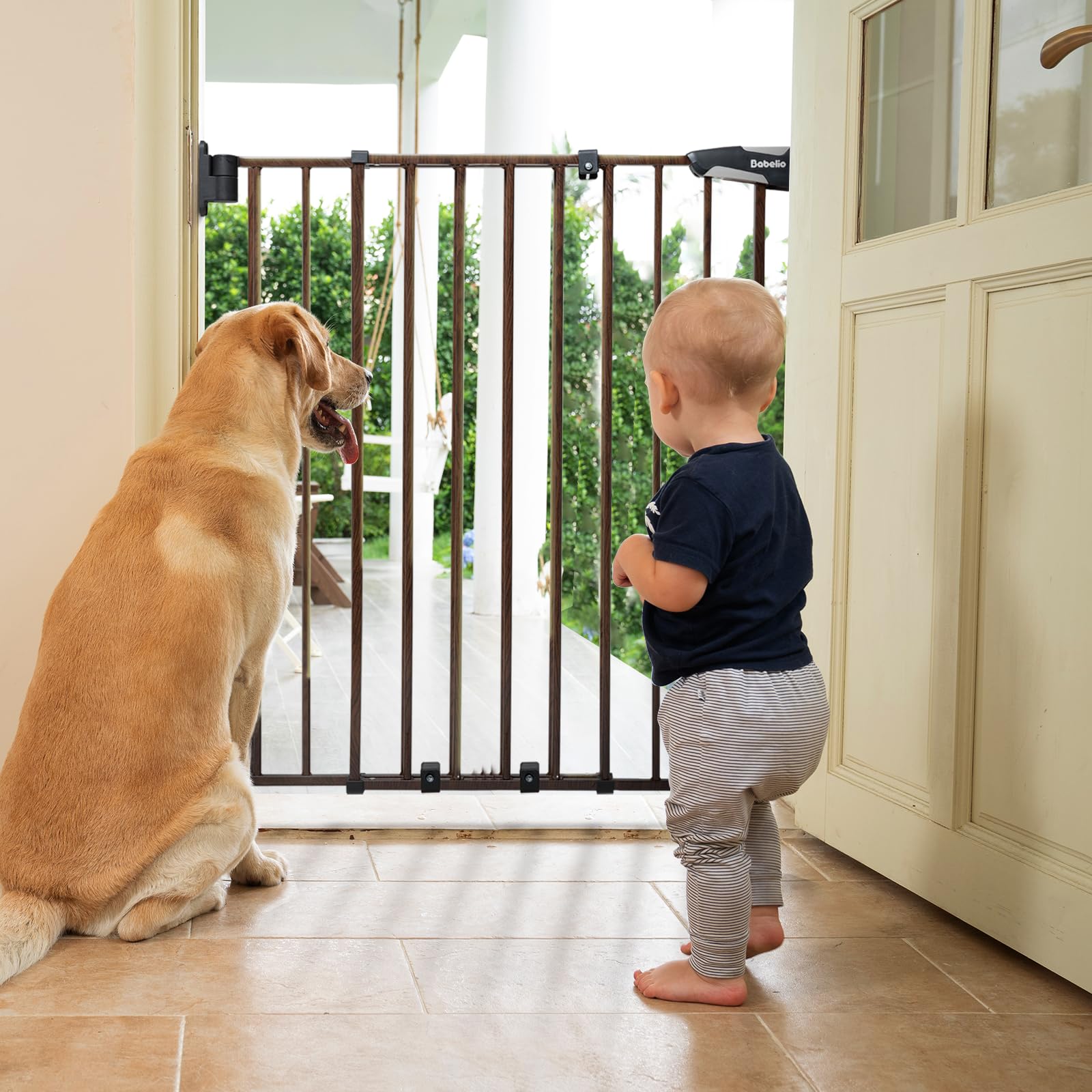 Babelio 26-43" No Bottom Bar Baby Gate for Babies, Elders and Pets, 2-in-1 Hardware Mount Dog Gate for The House, Stairs and Doorways, with Large Walk Thru Door, Black