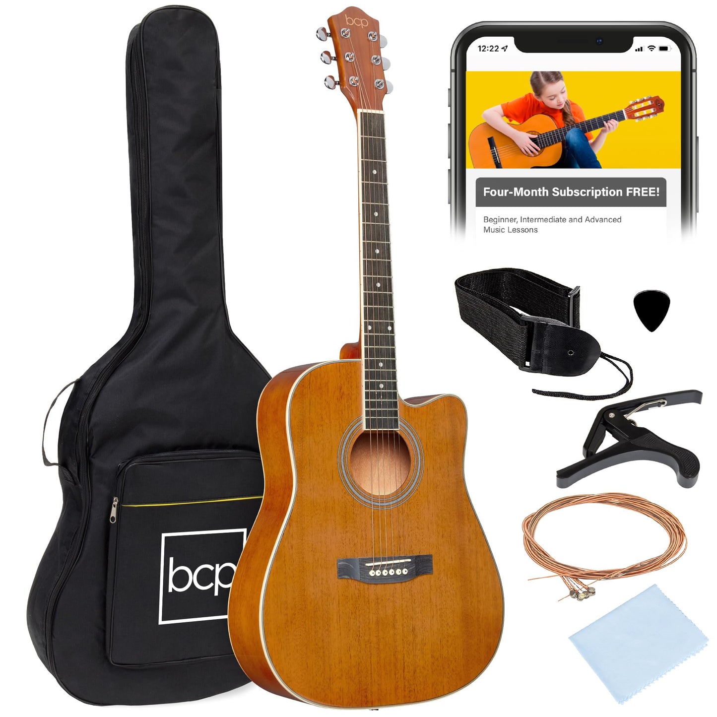 Best Choice Products 41in Beginner Acoustic Guitar Full Size All Wood Cutaway Guitar Starter Set w/Case, Strap, Capo, Strings, Picks - Aged Natural