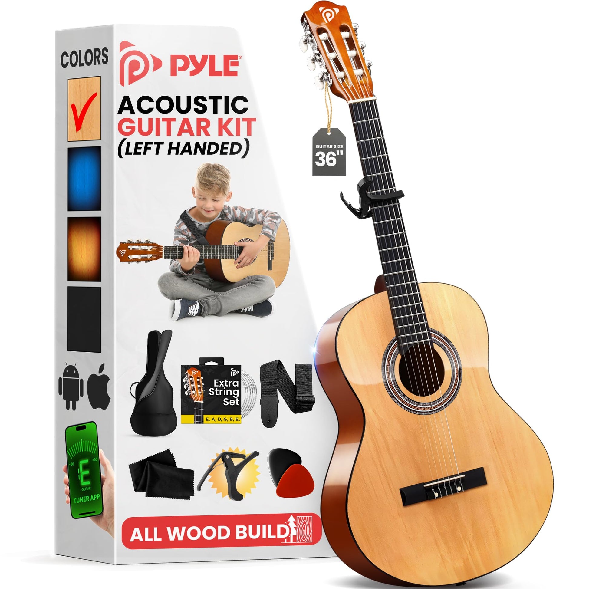 Pyle Left Handed Beginner Acoustic Guitar Kit, 1/4 Junior Size All Wood Build Nylon Stringed Instrument with Capo, Strap, Extra String Set, Gig Bag, Guitars for Beginners Adults Youth, 30" Natural