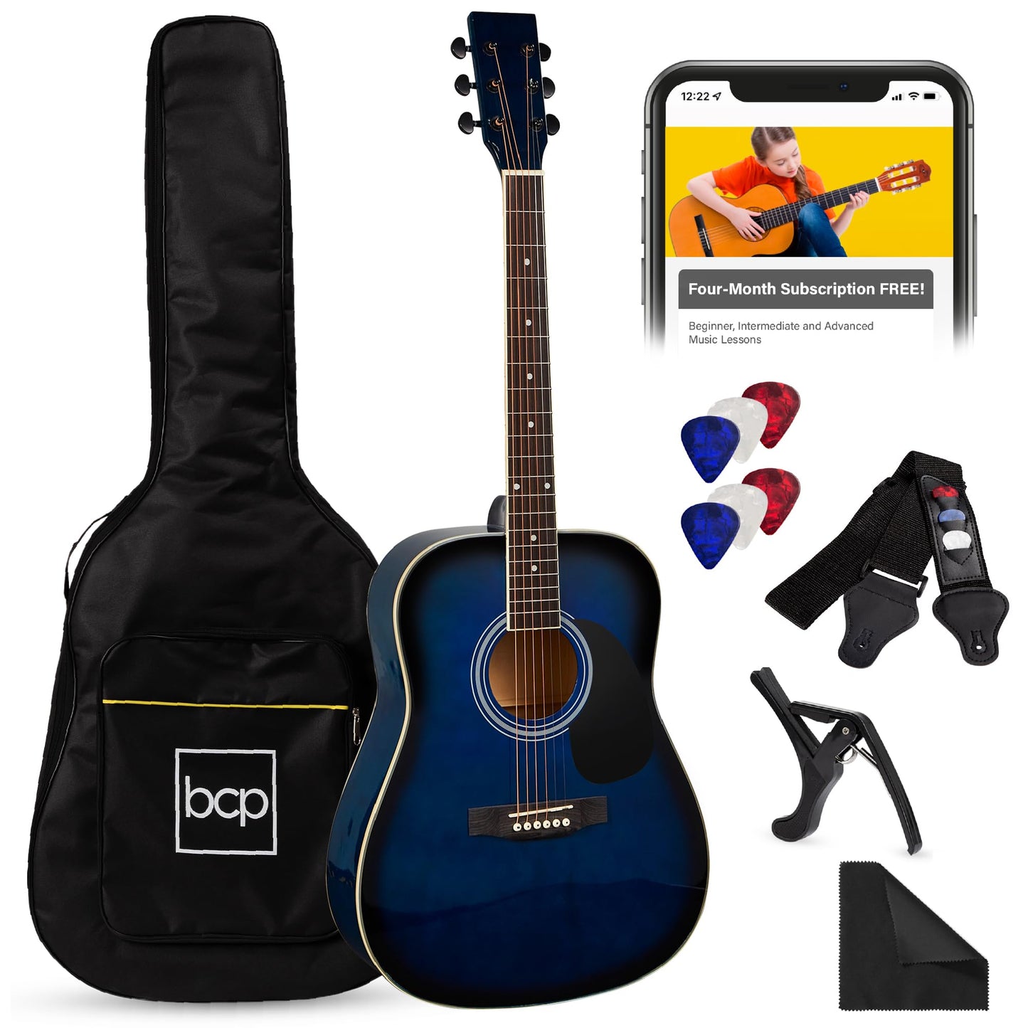 Best Choice Products 41in Full Size Beginner All Wood Acoustic Guitar Starter Set w/Gig Bag, Strap, Capo, Strings, Picks - Black