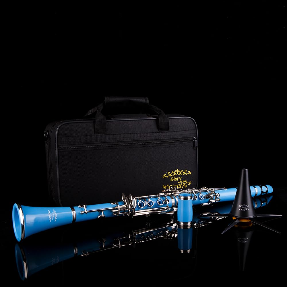 Glory GLY-CLADBL Professional Ebonite Bb Clarinet with 10 Reeds, Stand, Hard Case, Cleaning Cloth, Cork Grease, Mouthpiece Brush and Pad Brush,Dark Blue/Silver