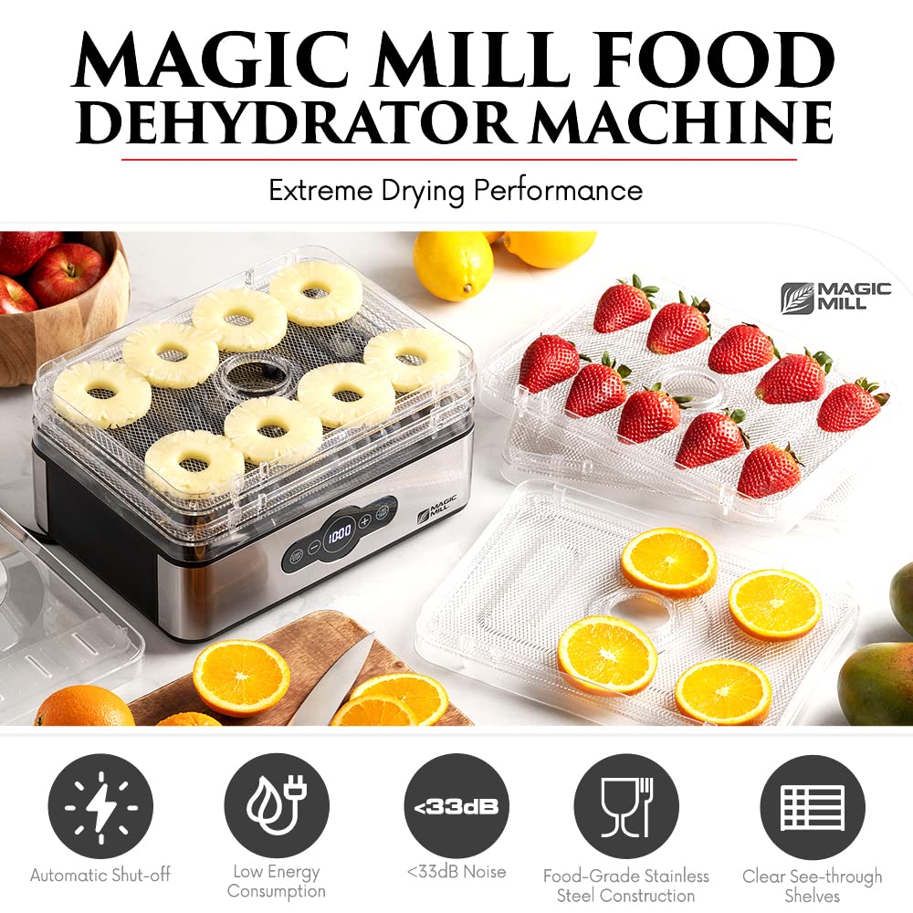 Magic Mill Food Dehydrator Machine | 5 Stackable Stainless Steel Trays Jerky Dryer with Digital Adjustable Timer &amp; Temperature Control - Electric Food Preserver for Fruits, Veggies, Meats &amp; Dog Treats