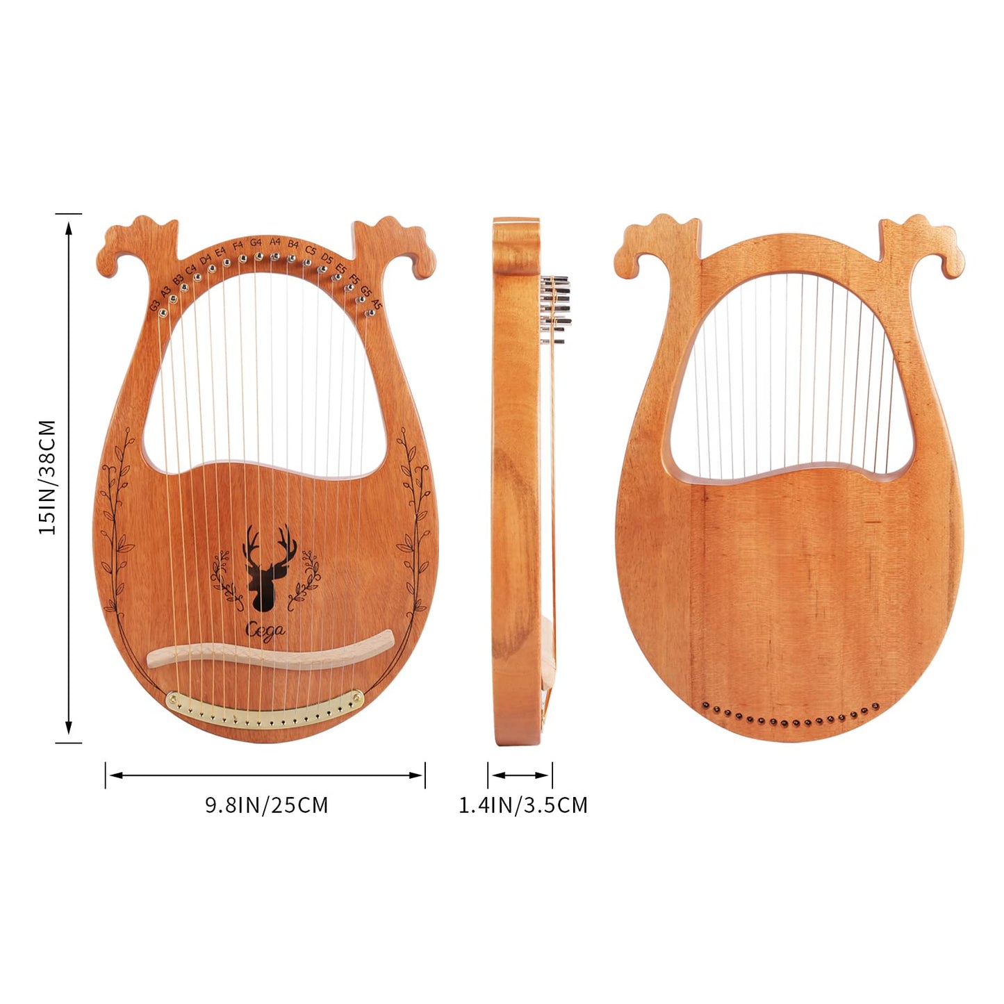 Lyre Harp, 16 Strings Mahogany Acoustic Harp with Extra Strings, Picks, Tuning Lever, Black Gig Bag, Beginner's Manual for Lyre