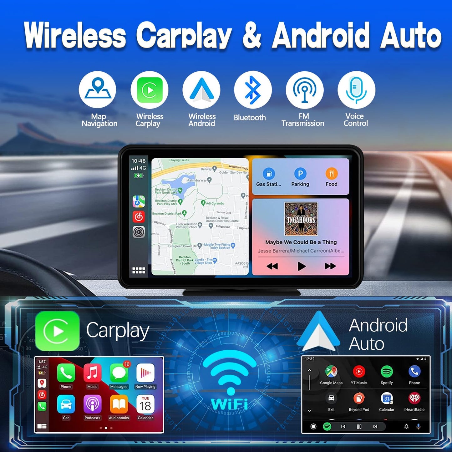 Wireless Car Stereo Compatible with Apple CarPlay and Android Auto,7" HD Portable Bluetooth CarPlay Touch Screen for Car,with Backup Camera Car Play for All Cars